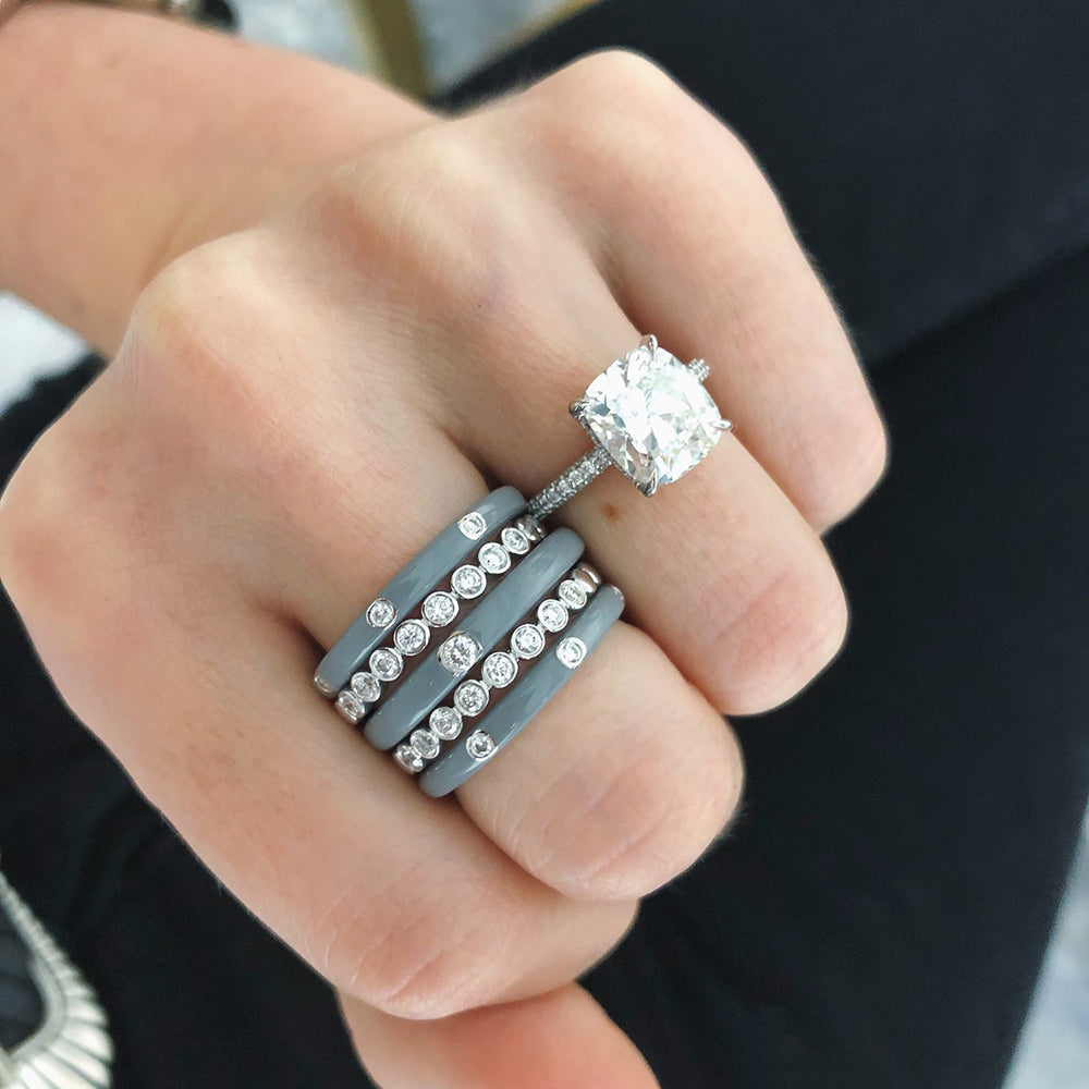 Gold Diamond Light Grey Enamel Stacked Ring
