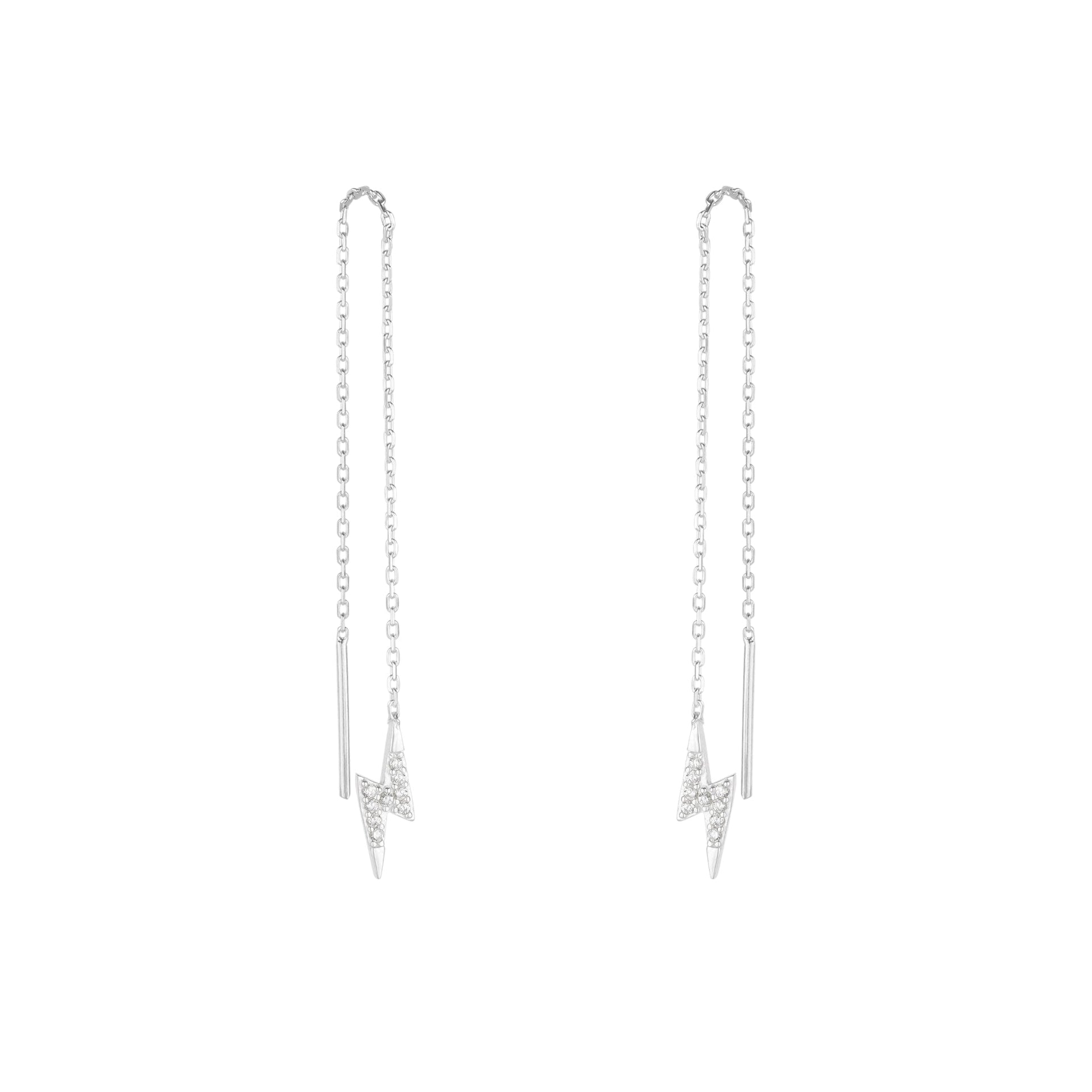 Lightning Bolt Sterling Silver Chain Drop Earring - Silver