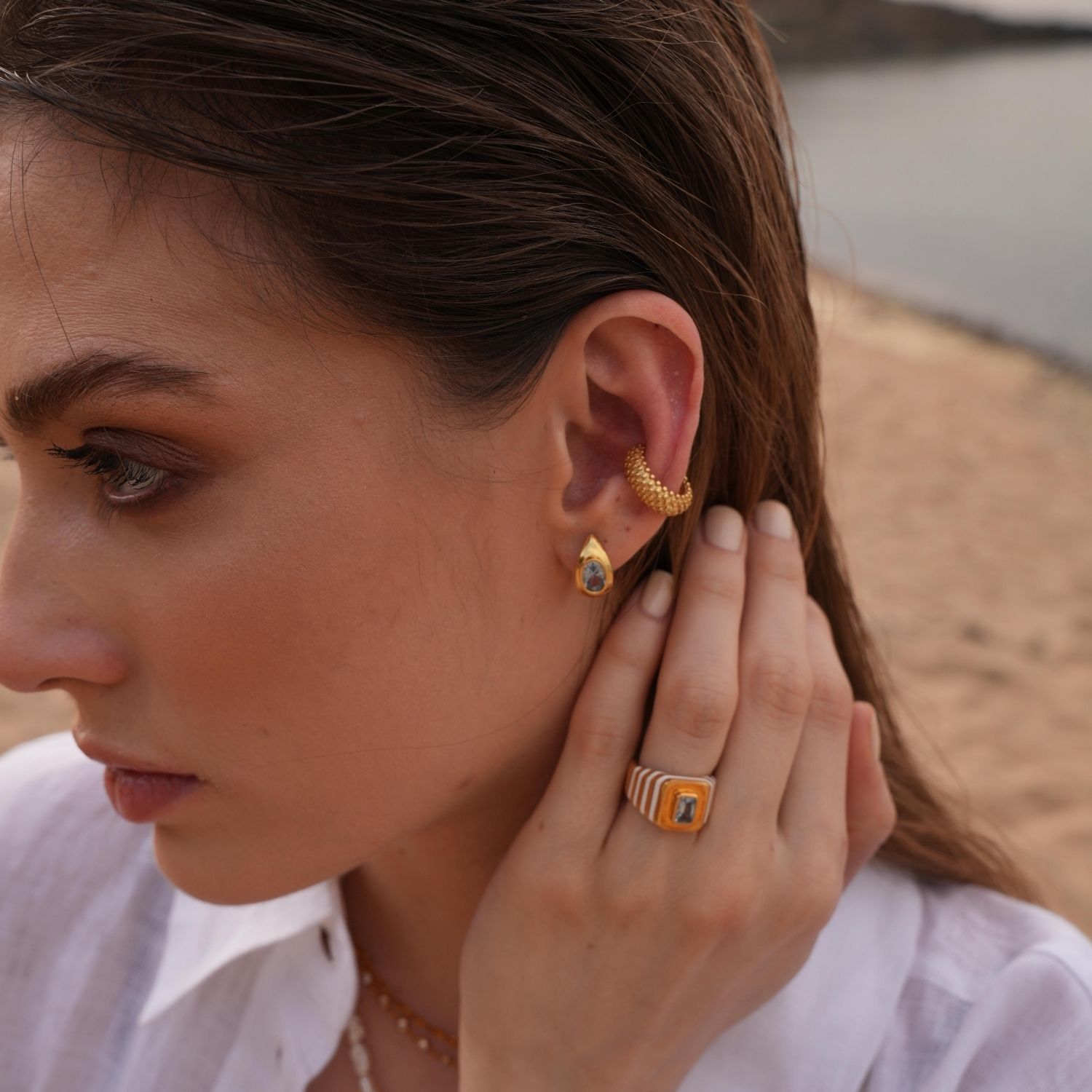 Lina Blue Drop Stone Huggie Earrings