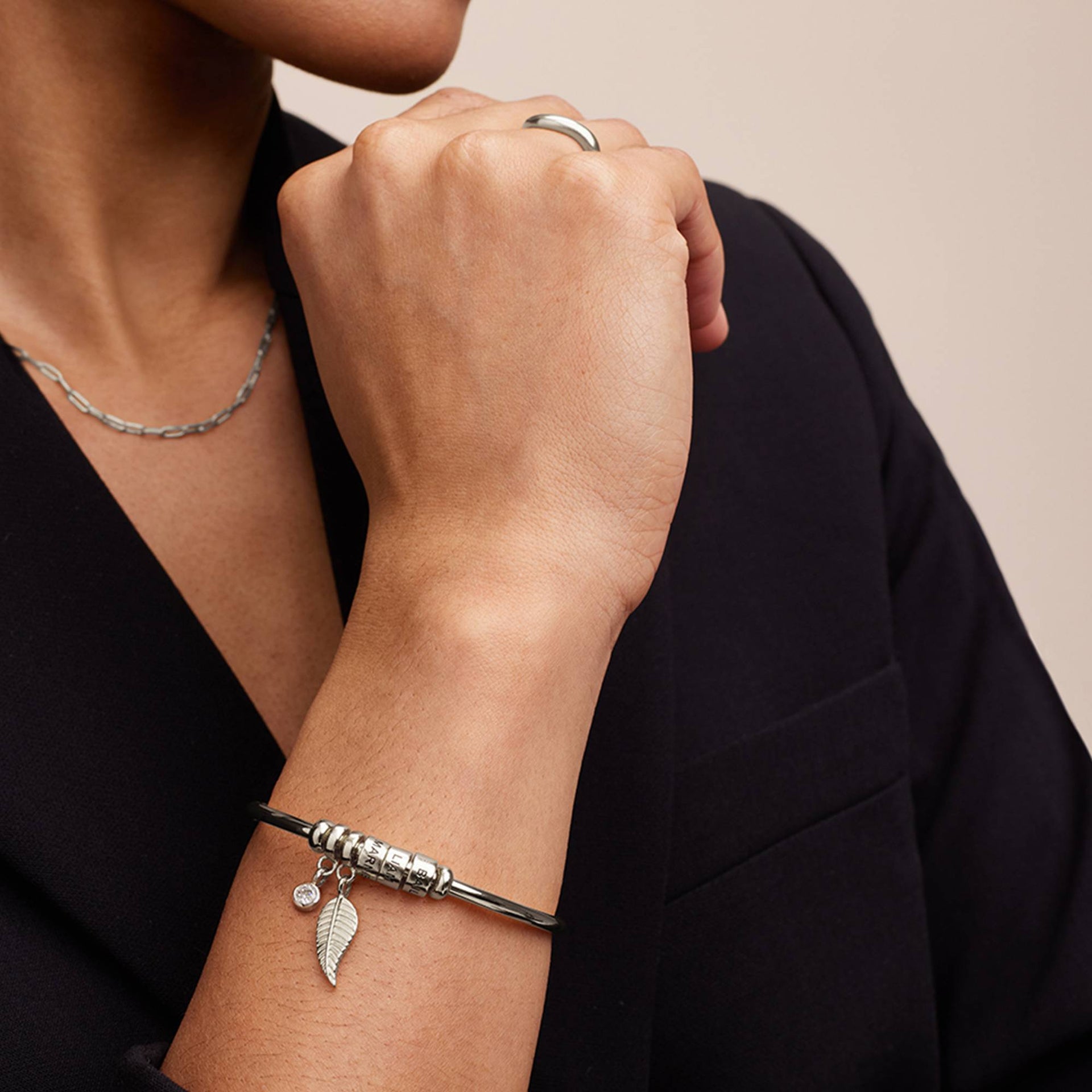 Linda Open Bangle Bracelet with Beads and 0.10CT Diamond in Silver