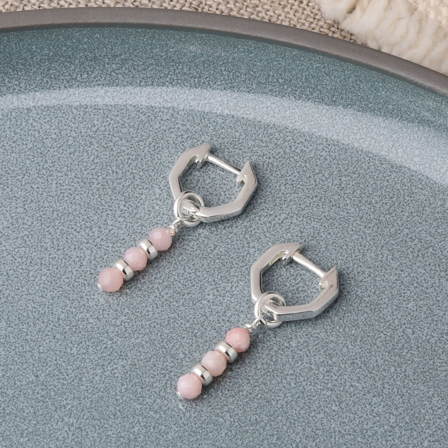 Linear Huggie Birthstone Earrings October Sterling Silver - Pink Opal