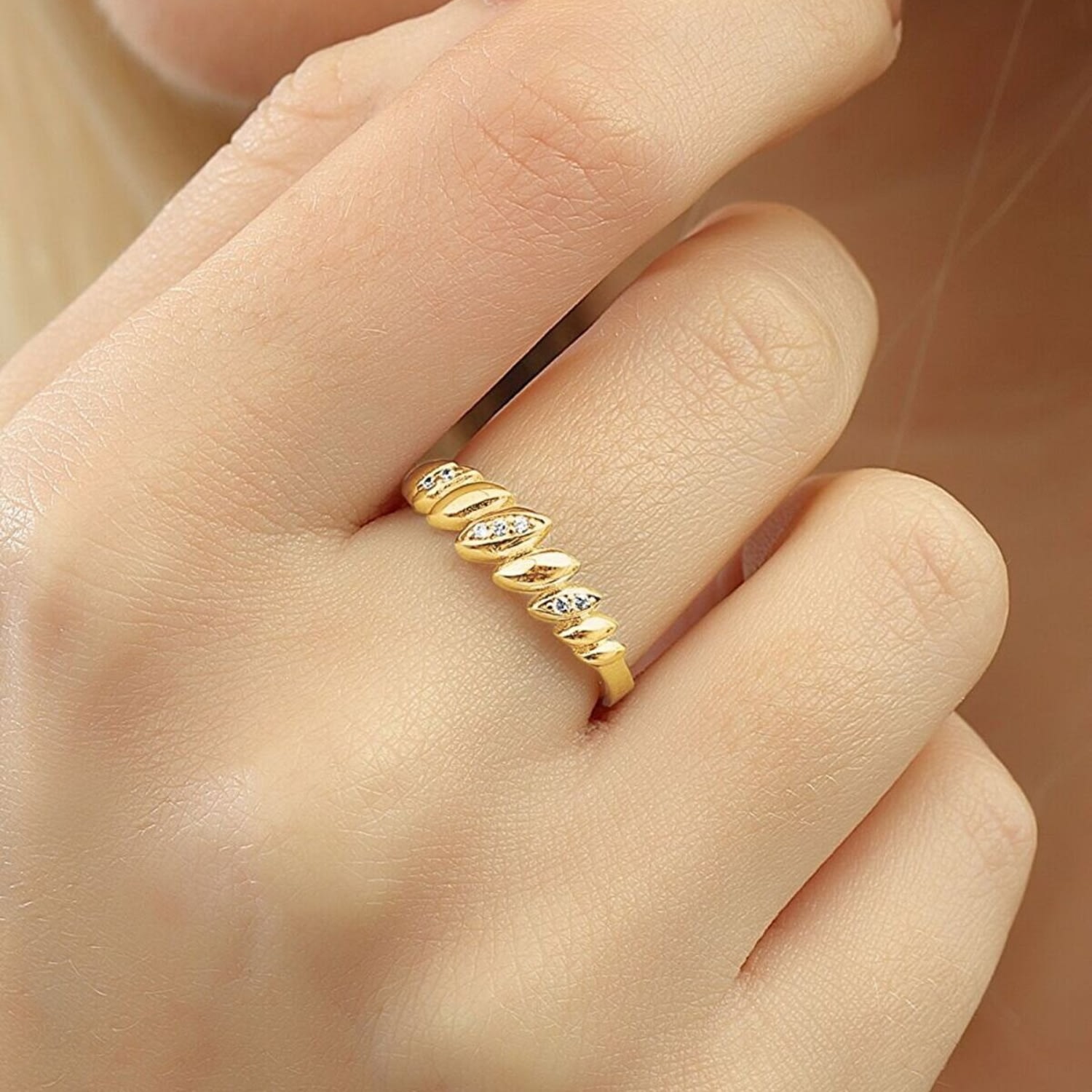 Lined Stones Marquise Sterling Silver Ring - Gold