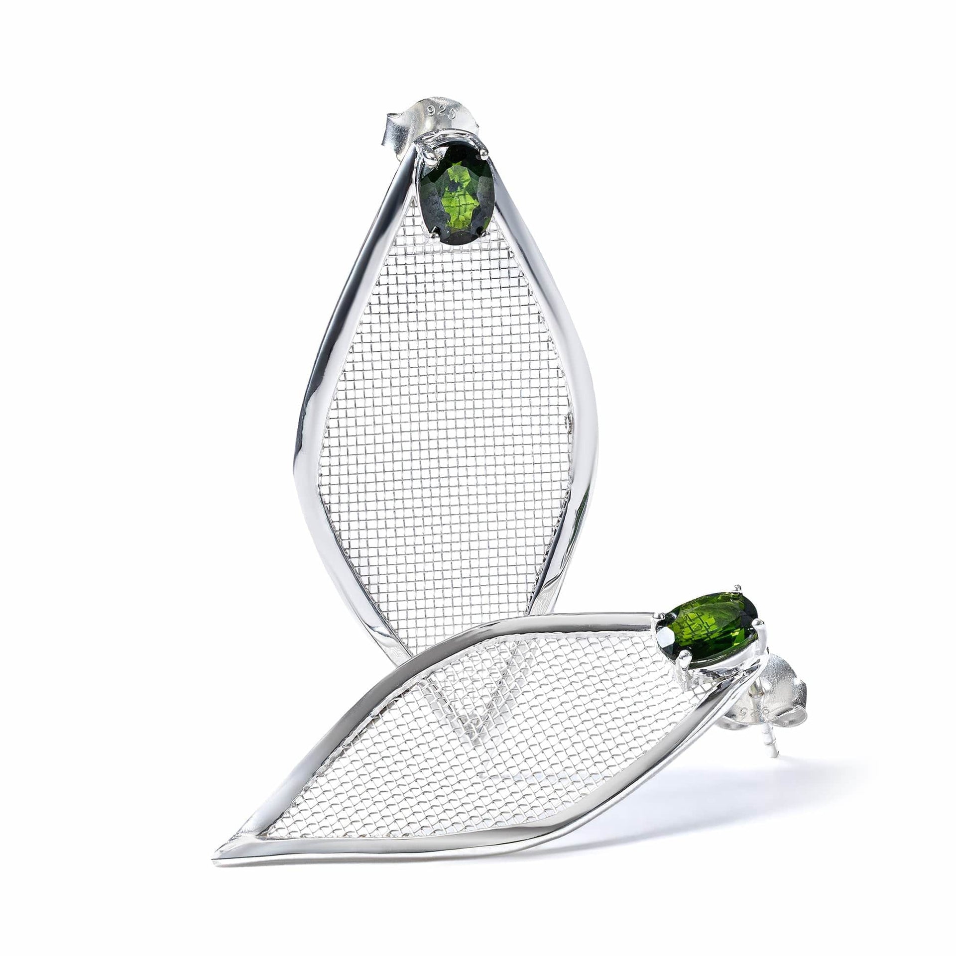 Liora Asymmetric Sterling Silver & Titanium Mesh Earrings With Oval Cut Chrome Diopside