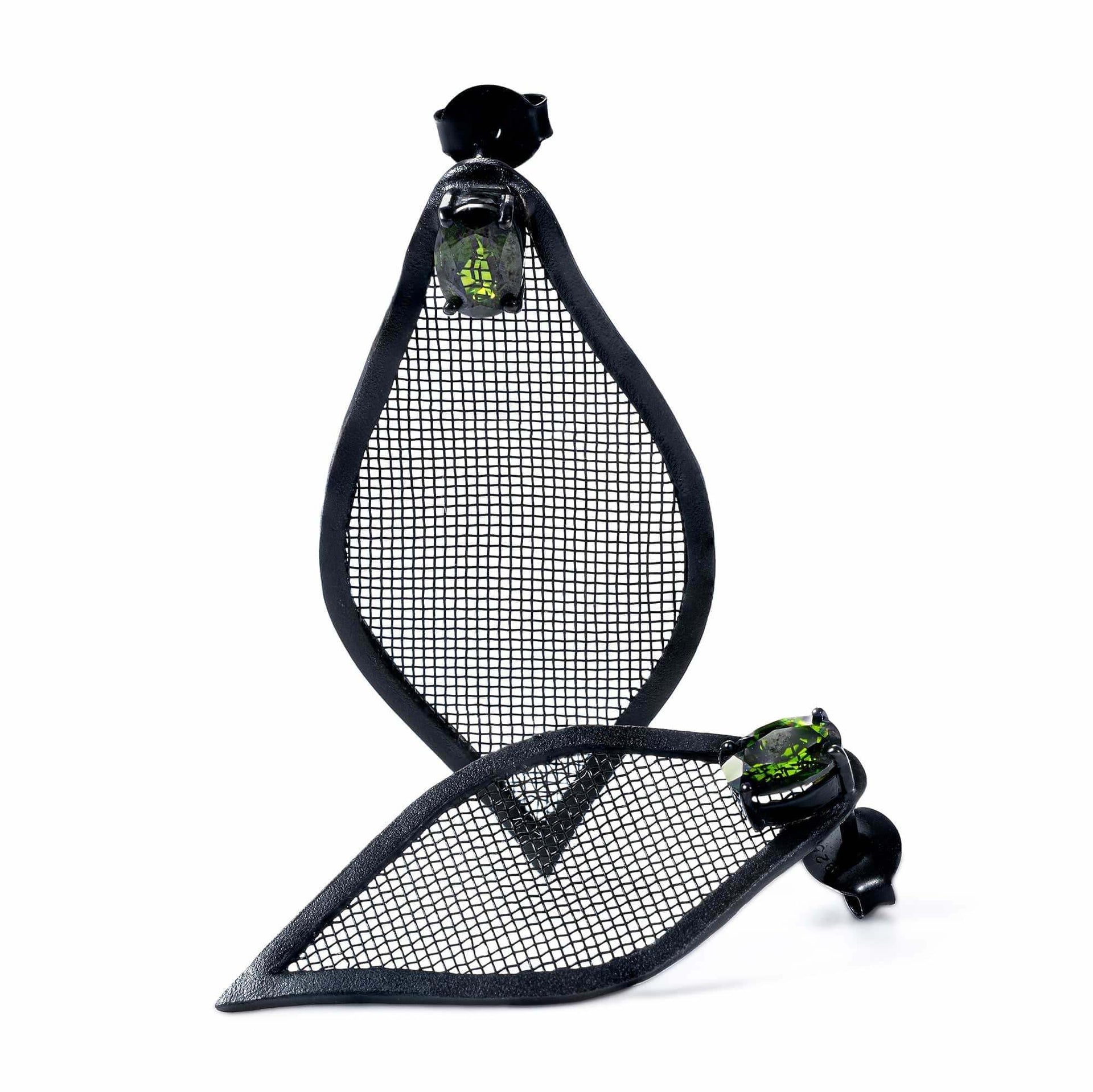 Liora Asymmetric Leaf-Shaped Silver & Titanium Mesh Earrings With Chrome Diopside
