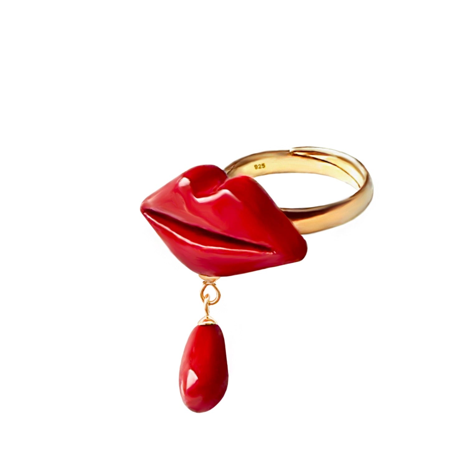 Lipstick Drop Red Lips Dangle Ring