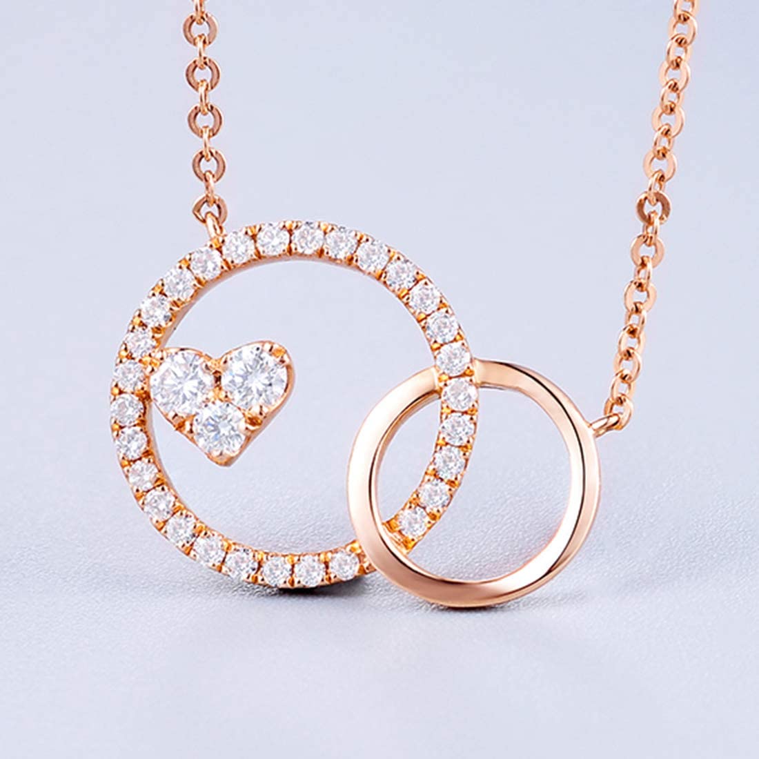 "Live In My Heart" Solid Yellow Gold Diamond Interlocking Round Open Circle Infinity Forever Heart Pendant Necklace - Rose Gold