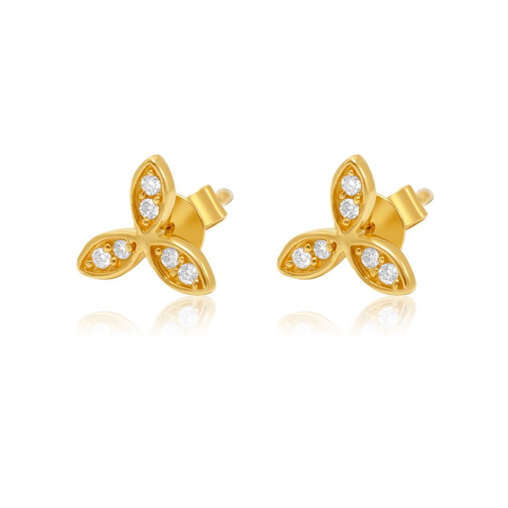 Gold Diamond Triple Leaf Flower Stud Earring