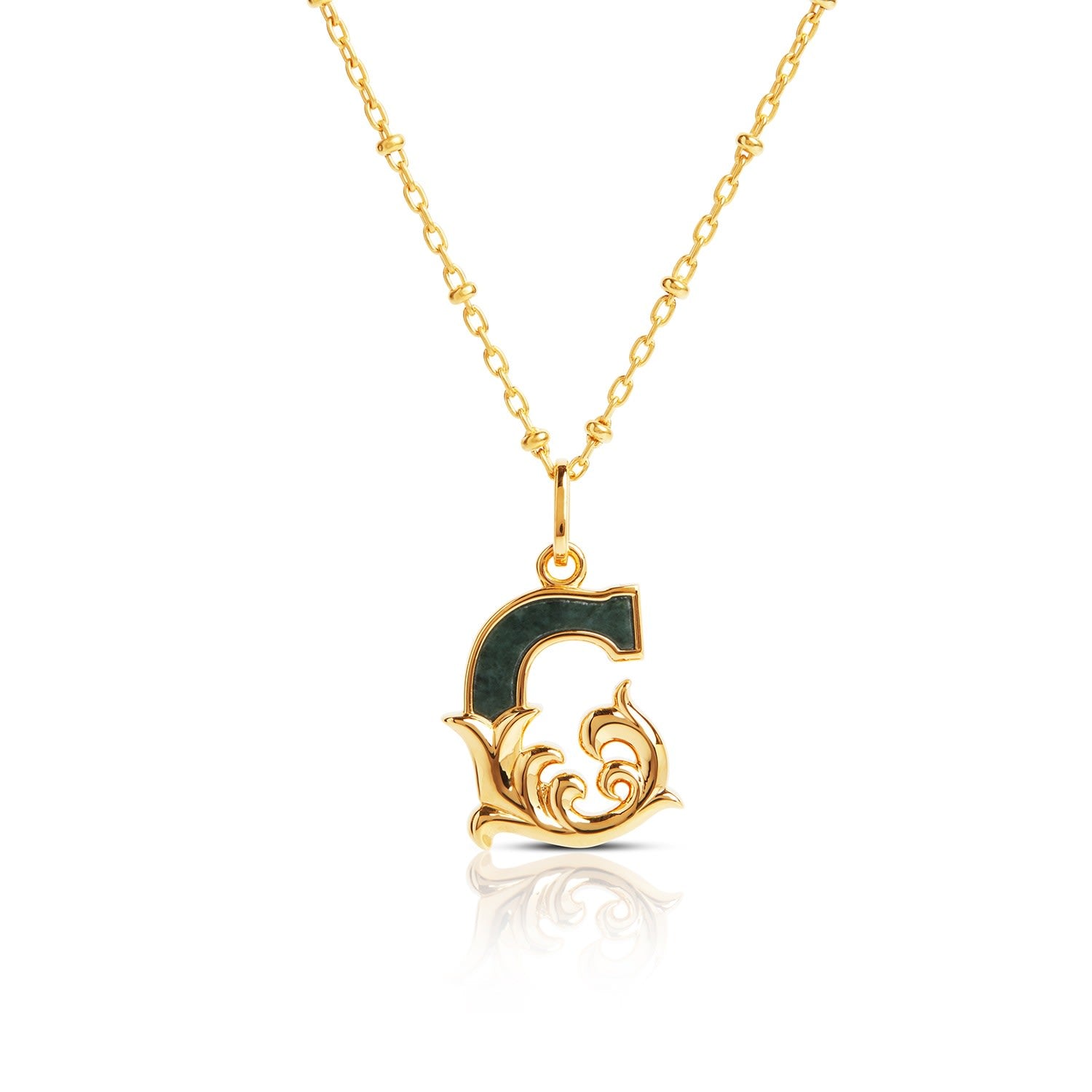 Gold Plated G Initial Necklace With Green Marble
