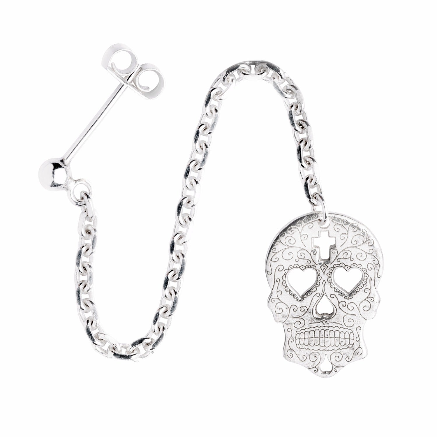 Silver Sugar Skull With Heart Eyes Single Long Drop Earring