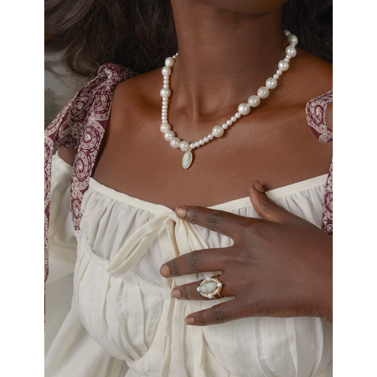 Boreas Mismatched Pearl And Green Cameo Necklace