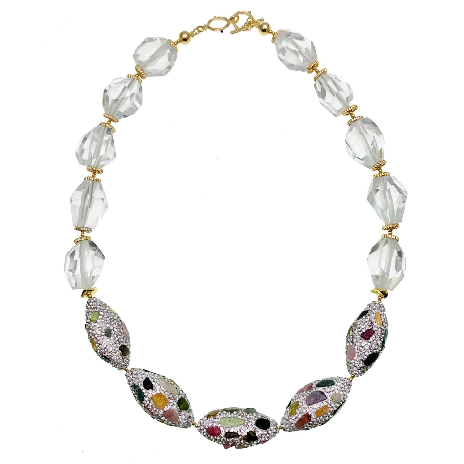 White Quartz With Rhinestones Bordered Tourmaline Short Necklace