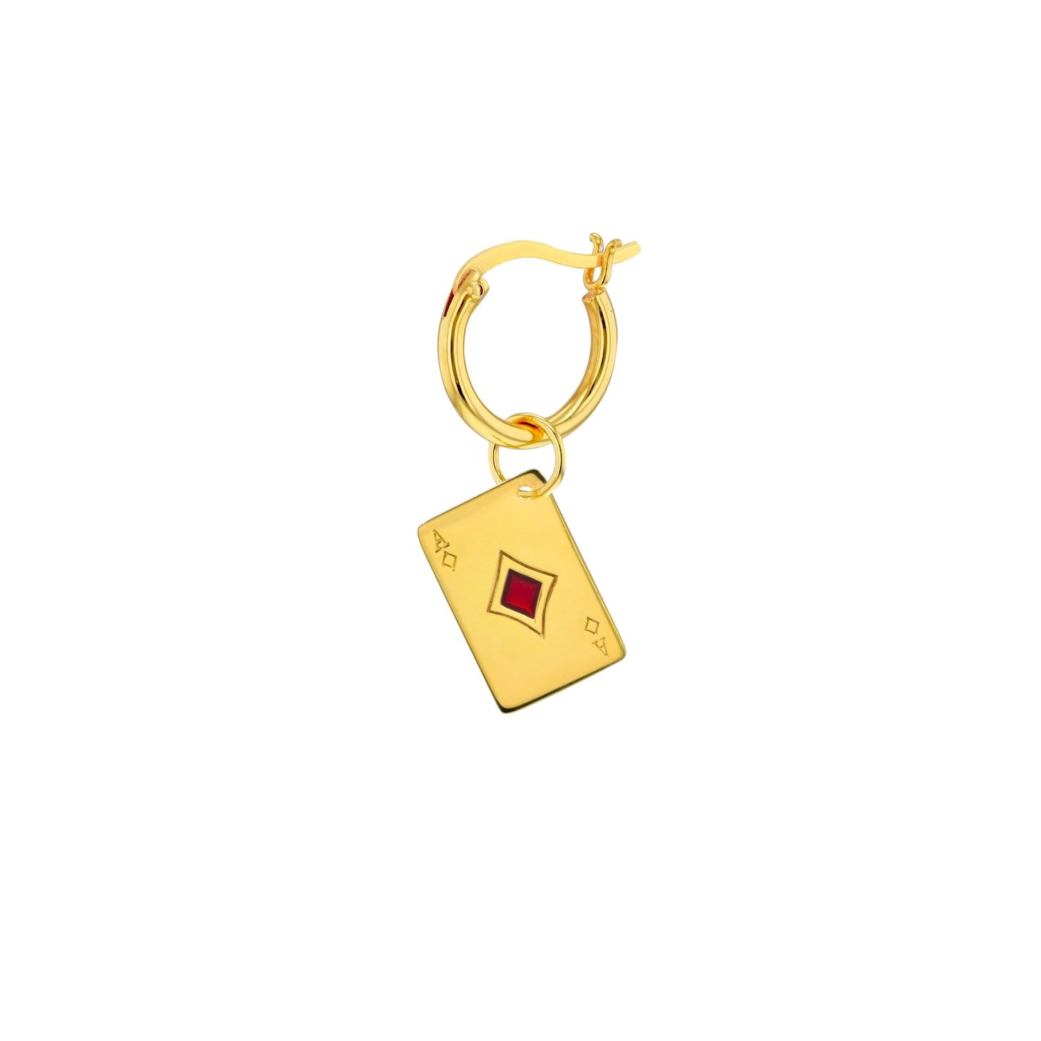 18Kt Gold Plated & Red Enamel Ace Of Diamonds Charm On Gold Hoop