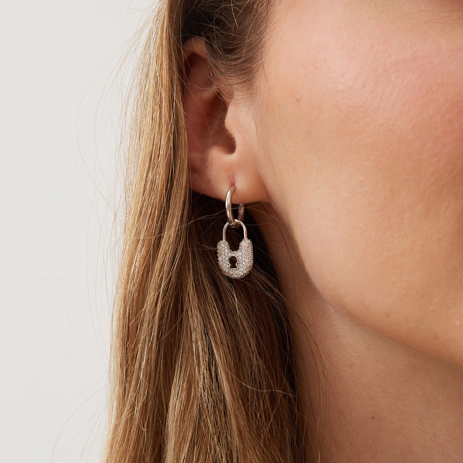 Lock Gold Color Hoop Sterling Silver Earring - Silver