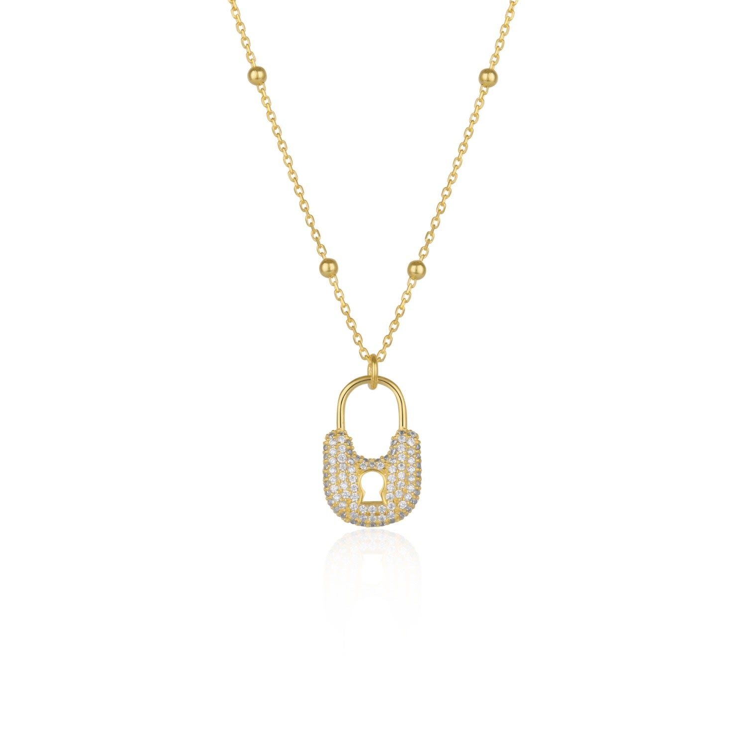 Lock Pendant Necklace With Beaded Chain Sterling Silver - Gold