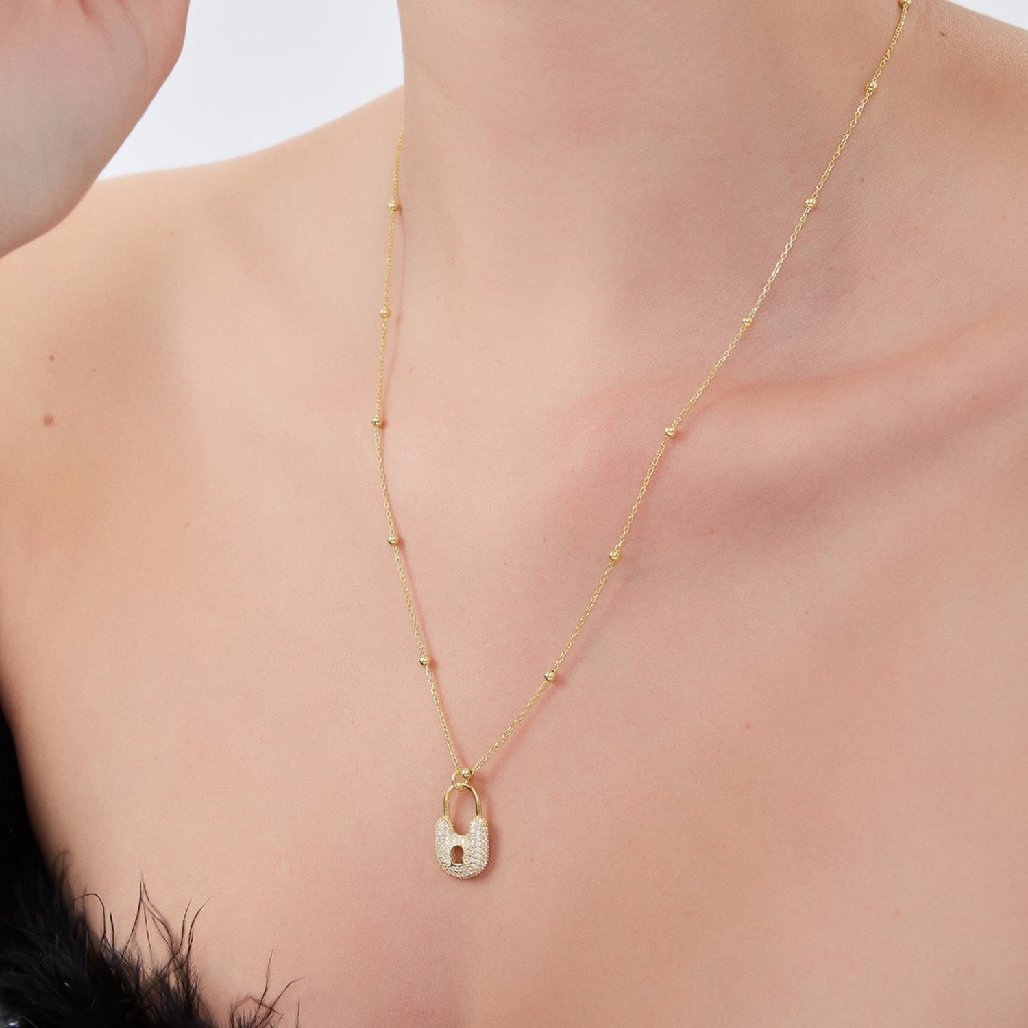 Lock Pendant Necklace With Beaded Chain Sterling Silver - Gold