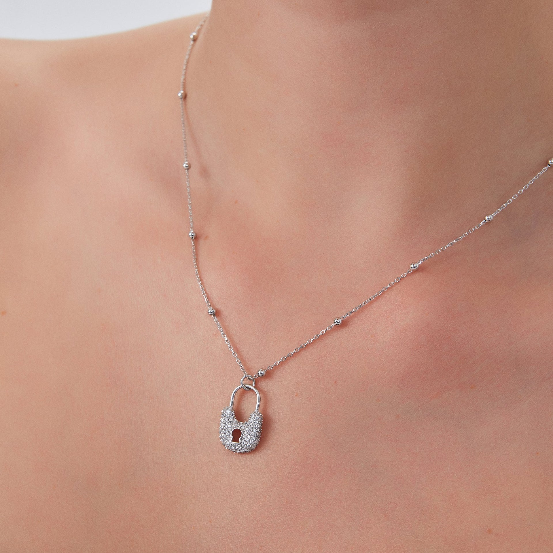 Lock Pendant Necklace With Beaded Chain Sterling Silver - Silver