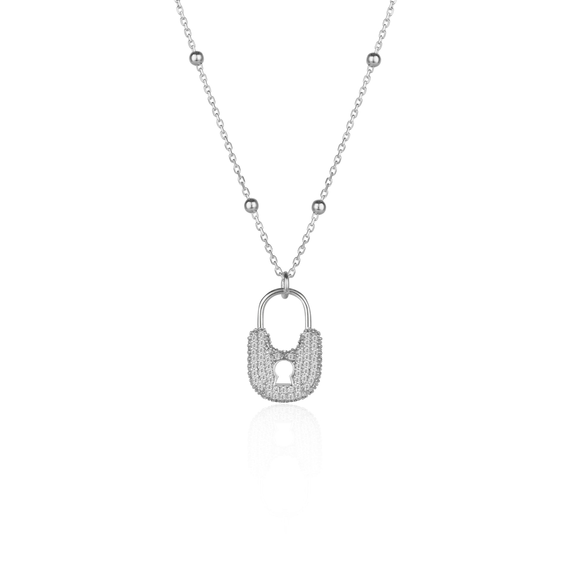 Lock Pendant Necklace With Beaded Chain Sterling Silver - Silver