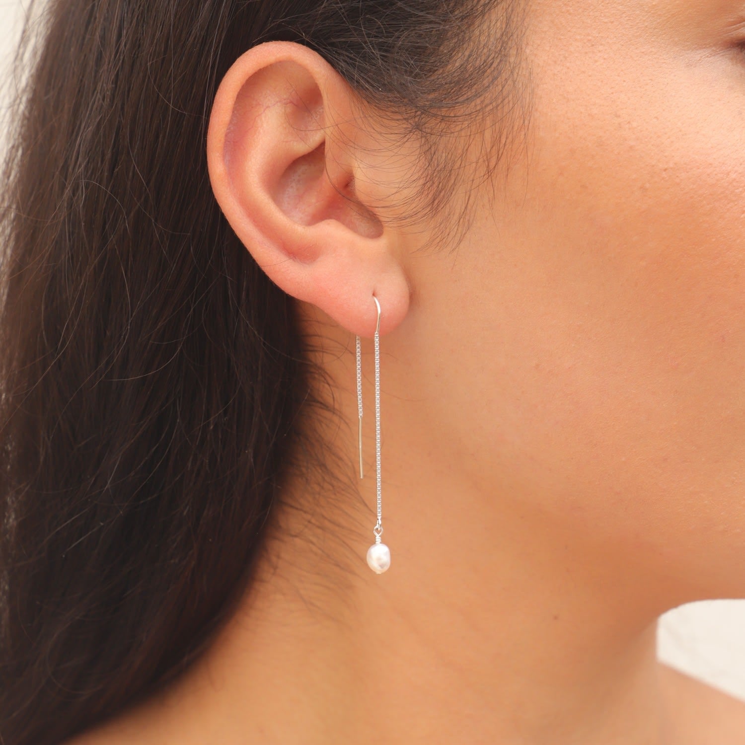 Lola Small Pearl Sterling Silver Chain Threader Earrings