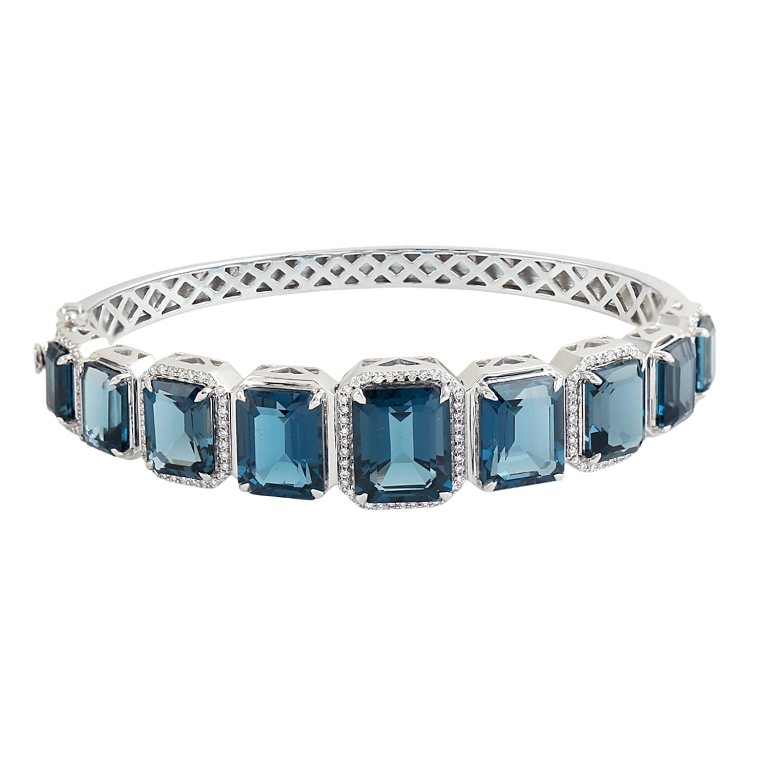 London Topaz Gemstone Pave Diamond Designer Bangle In White Gold