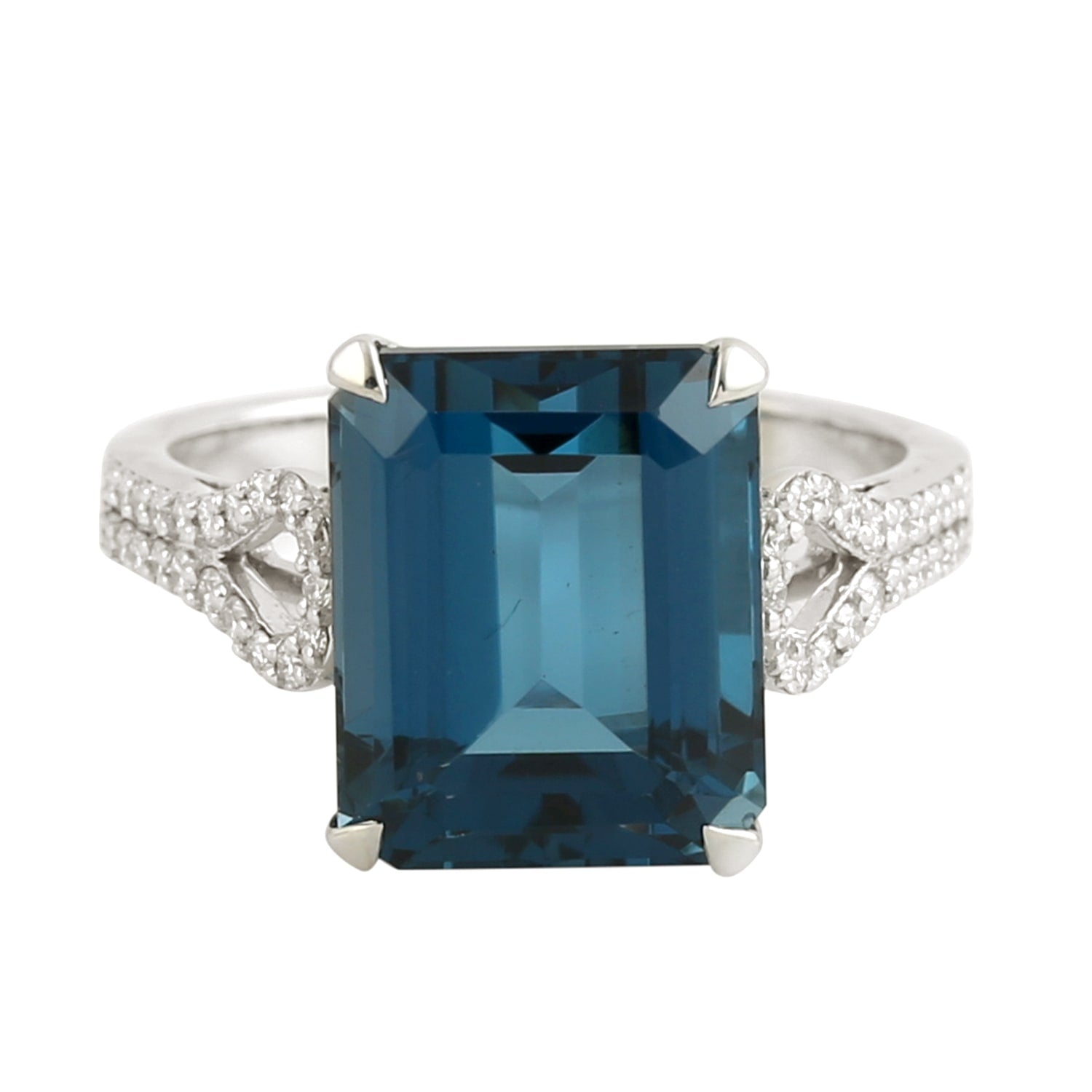 Emerald Cut London Topaz & Diamond Cocktail Ring In White Gold