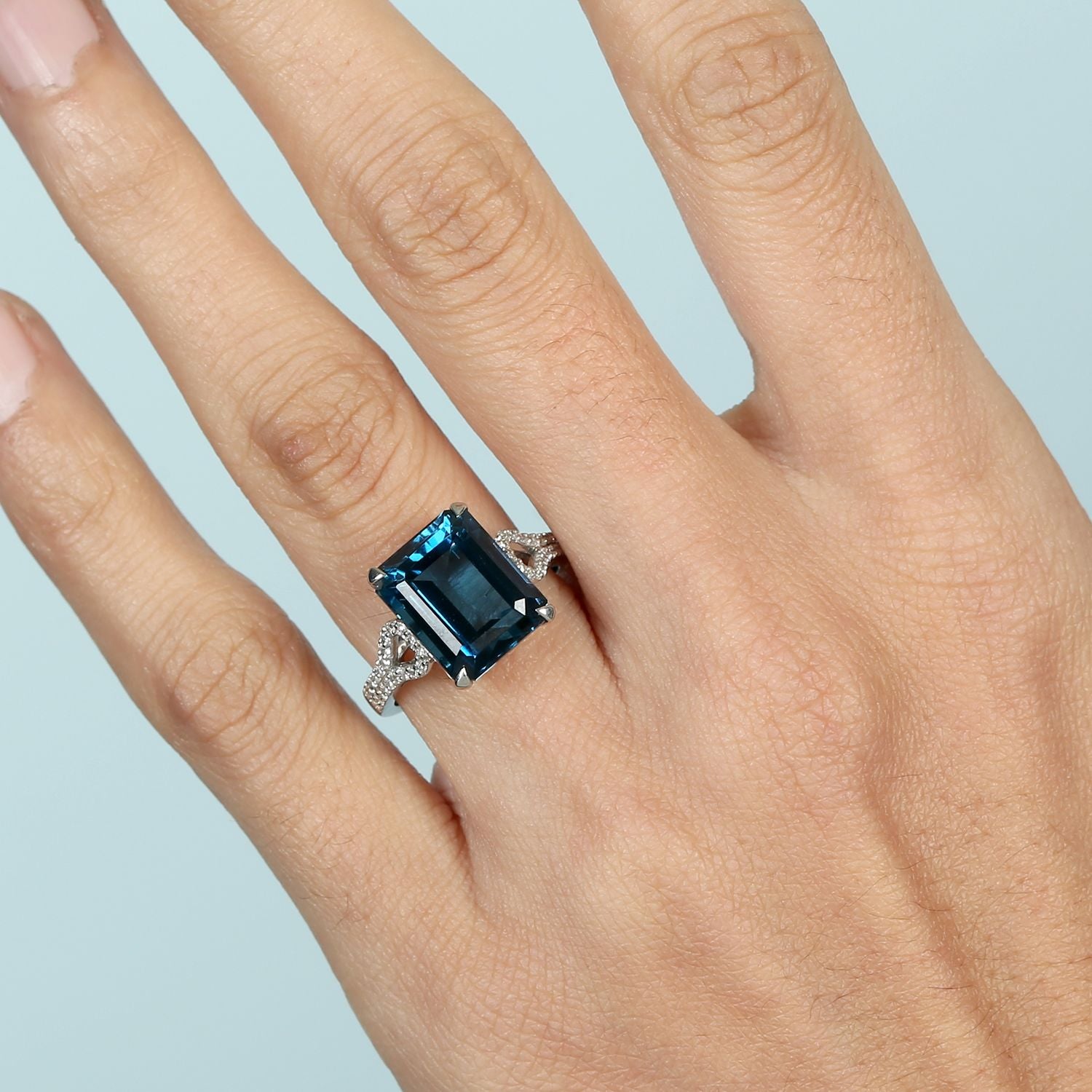 Emerald Cut London Topaz & Diamond Cocktail Ring In White Gold