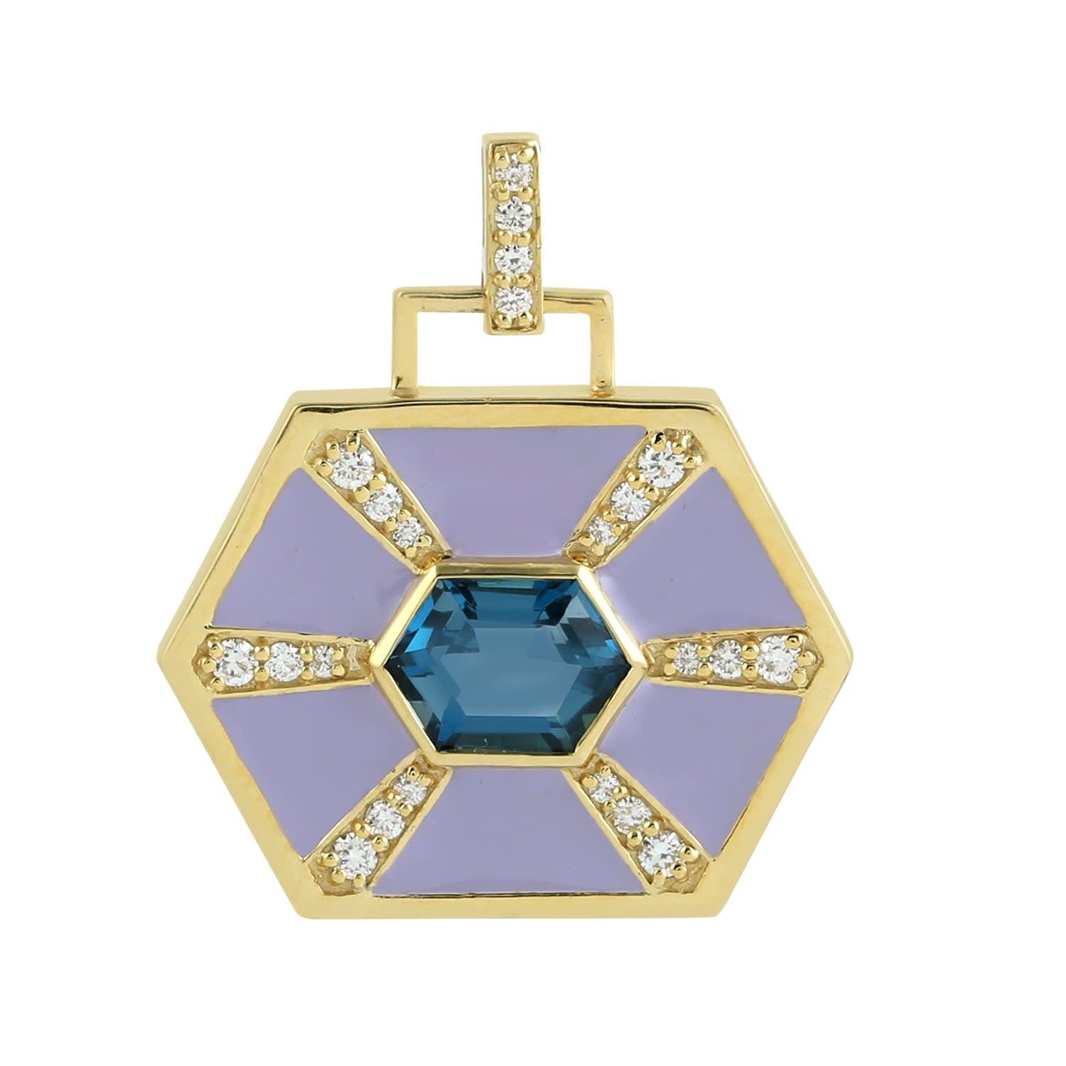 Natural London Topaz & Diamond Enamel Hexagon Pendant In Gold