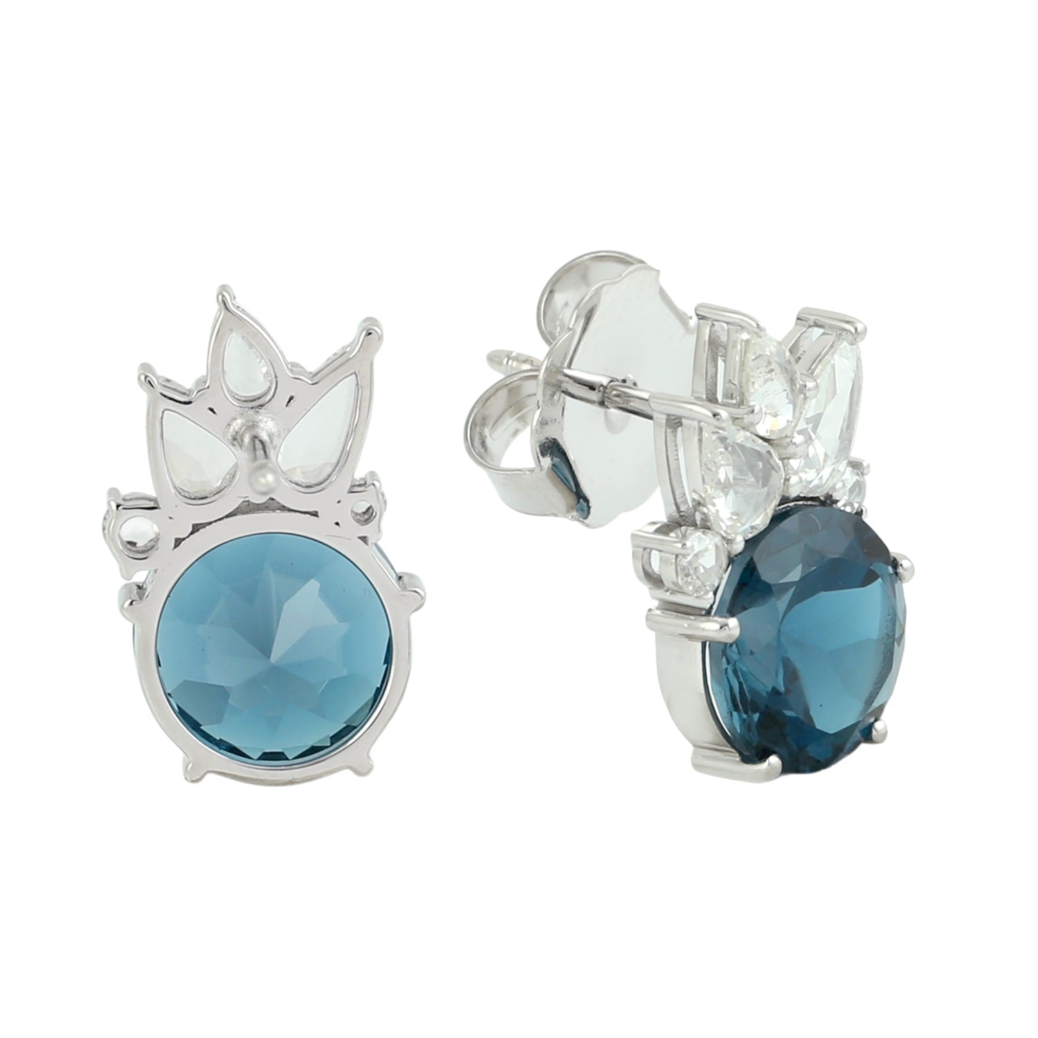 London Topaz & Rose Cut Diamond Stud Earrings In White Gold
