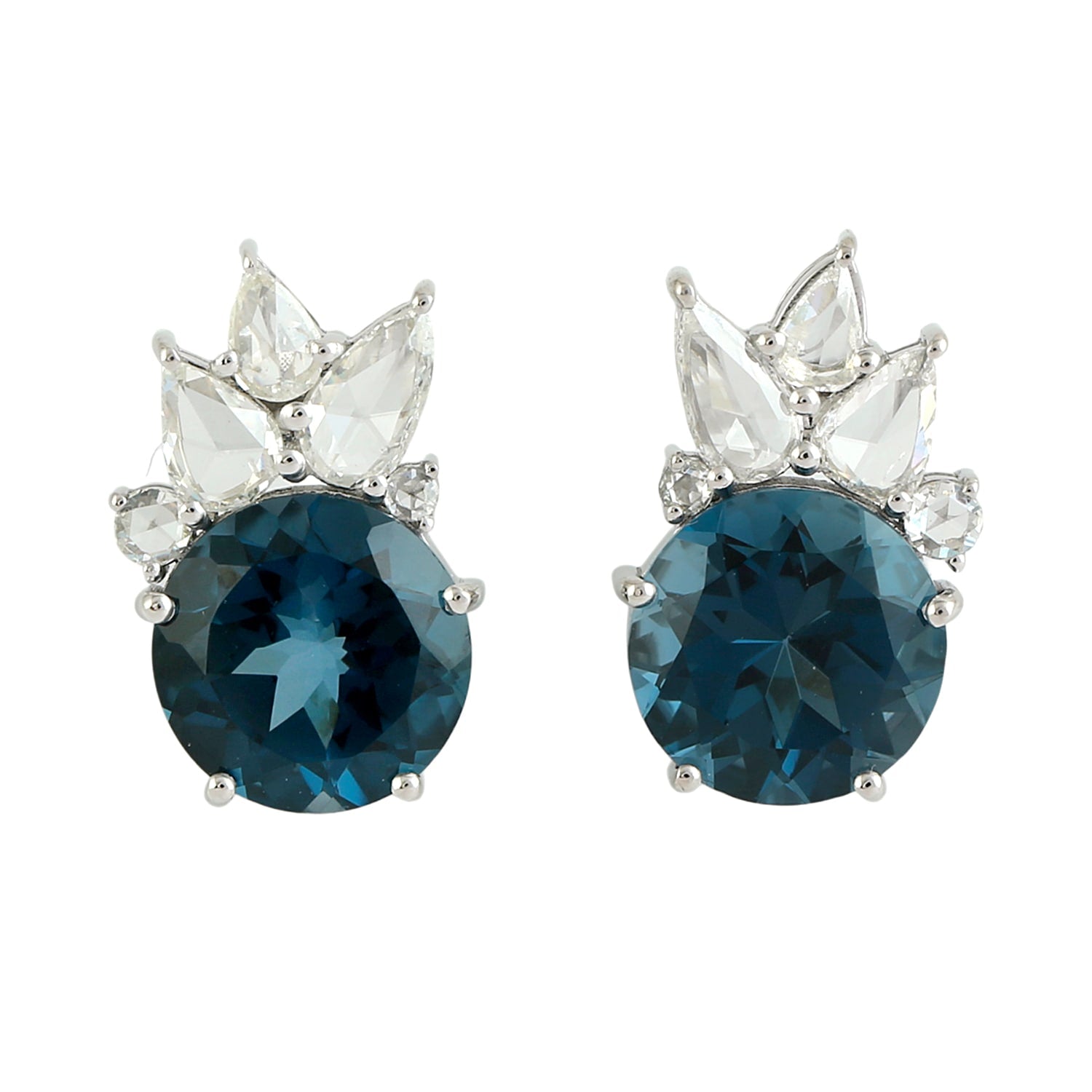 London Topaz & Rose Cut Diamond Stud Earrings In White Gold