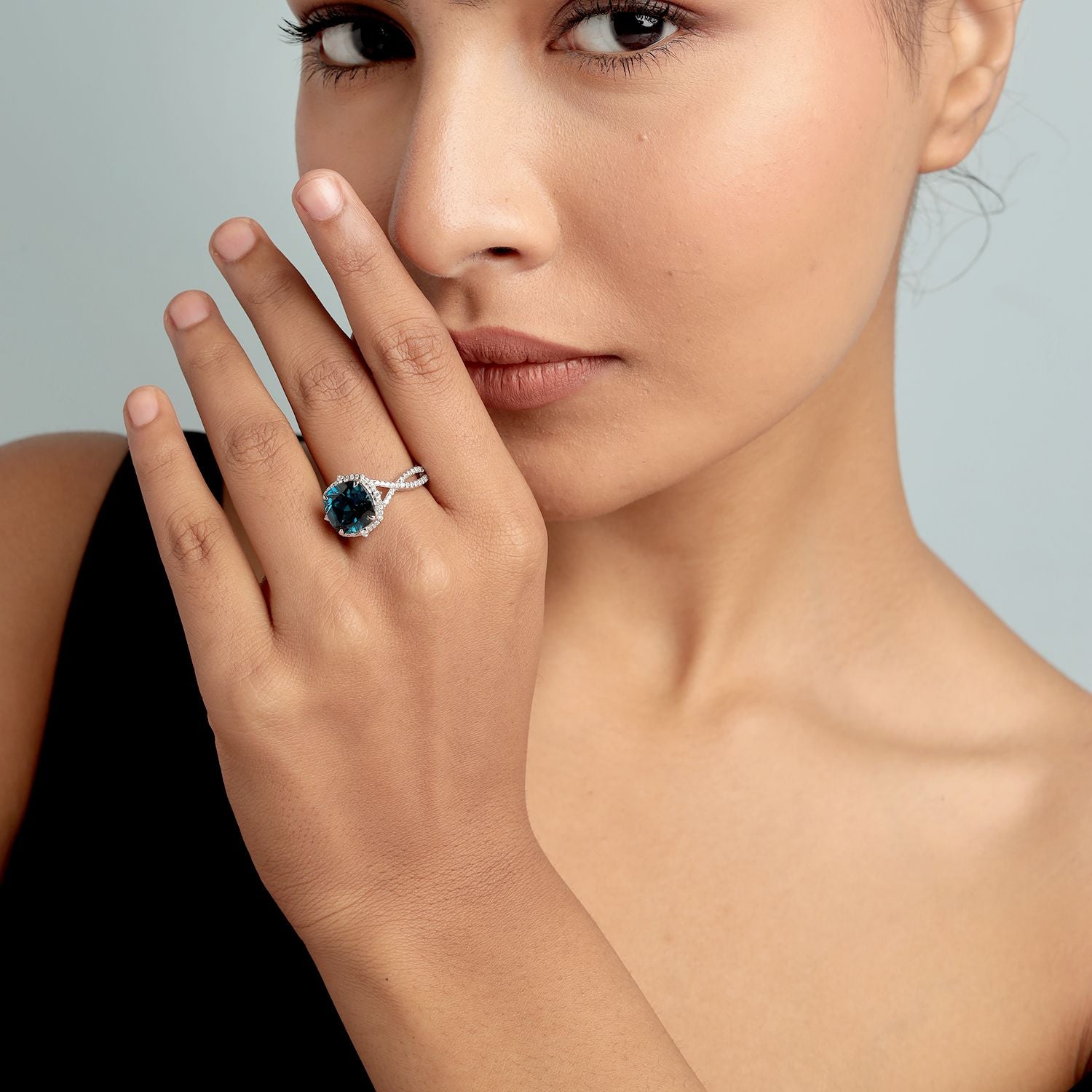 London Topaz Studded Pave Diamond Cocktail Ring In White Gold