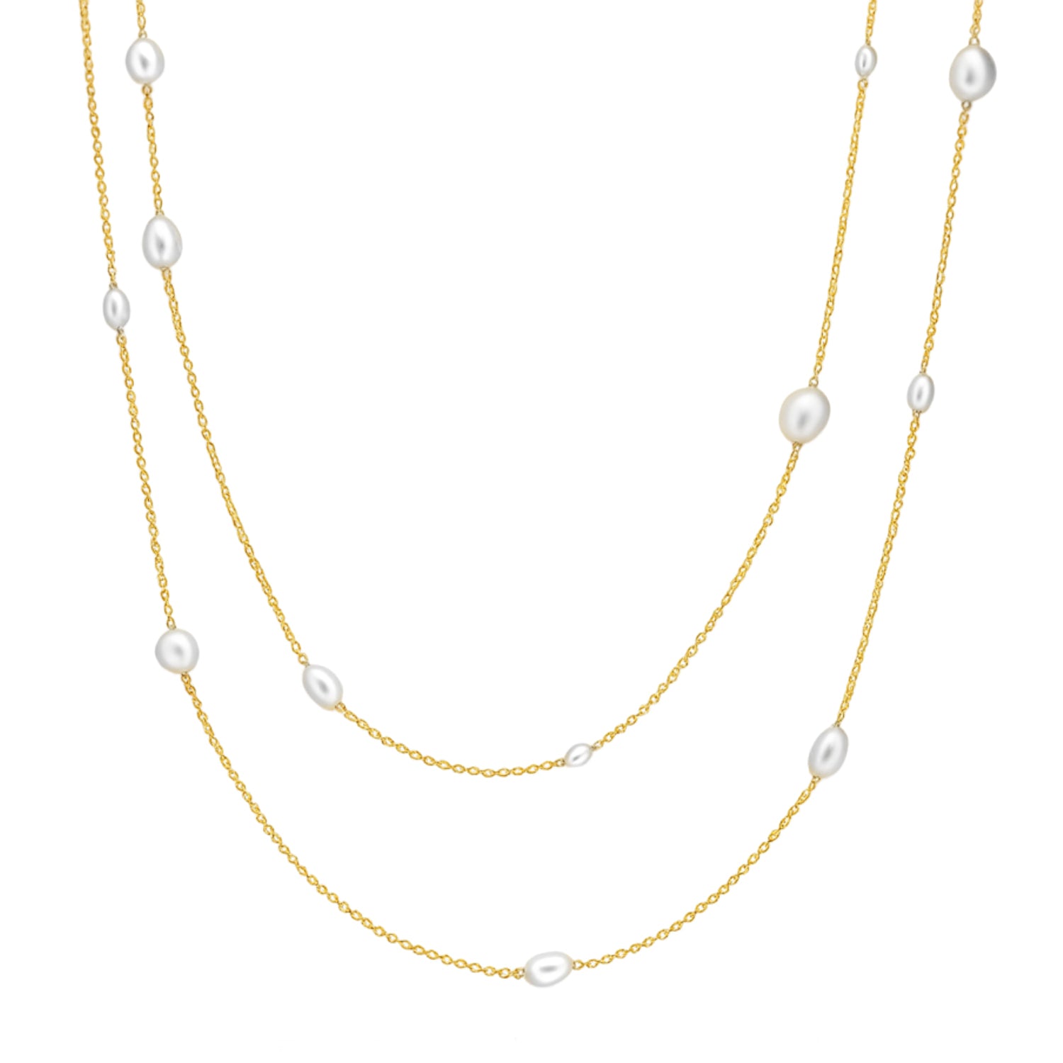 Long Necklace In Sterling Silver-Gold Plated With Mixed Natural Pearls