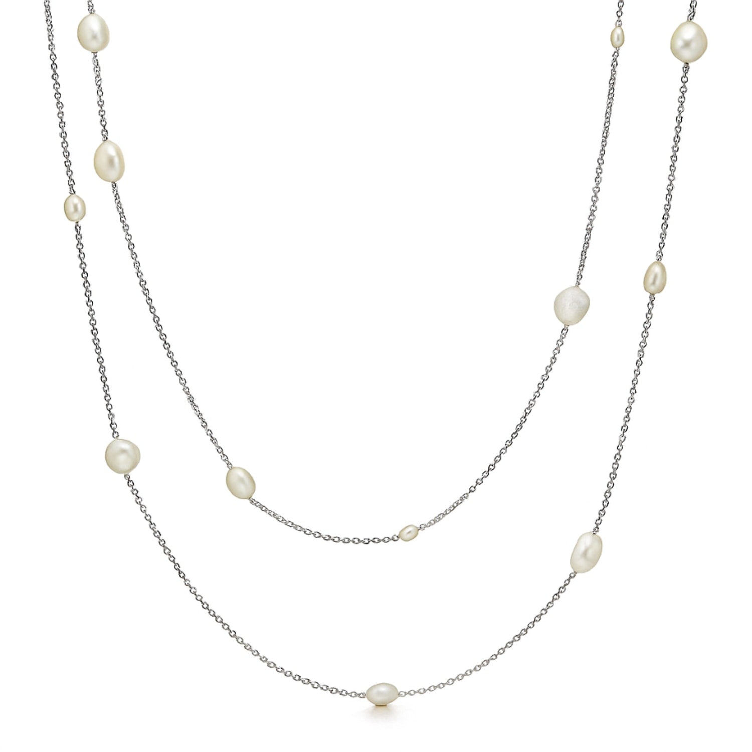 Long Necklace In Sterling Silver With Mixed Natural Pearls