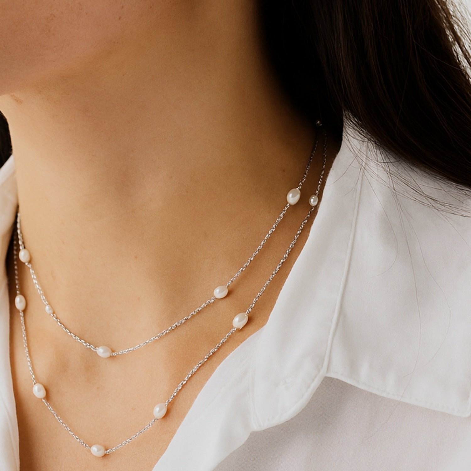 Long Necklace In Sterling Silver With Mixed Natural Pearls