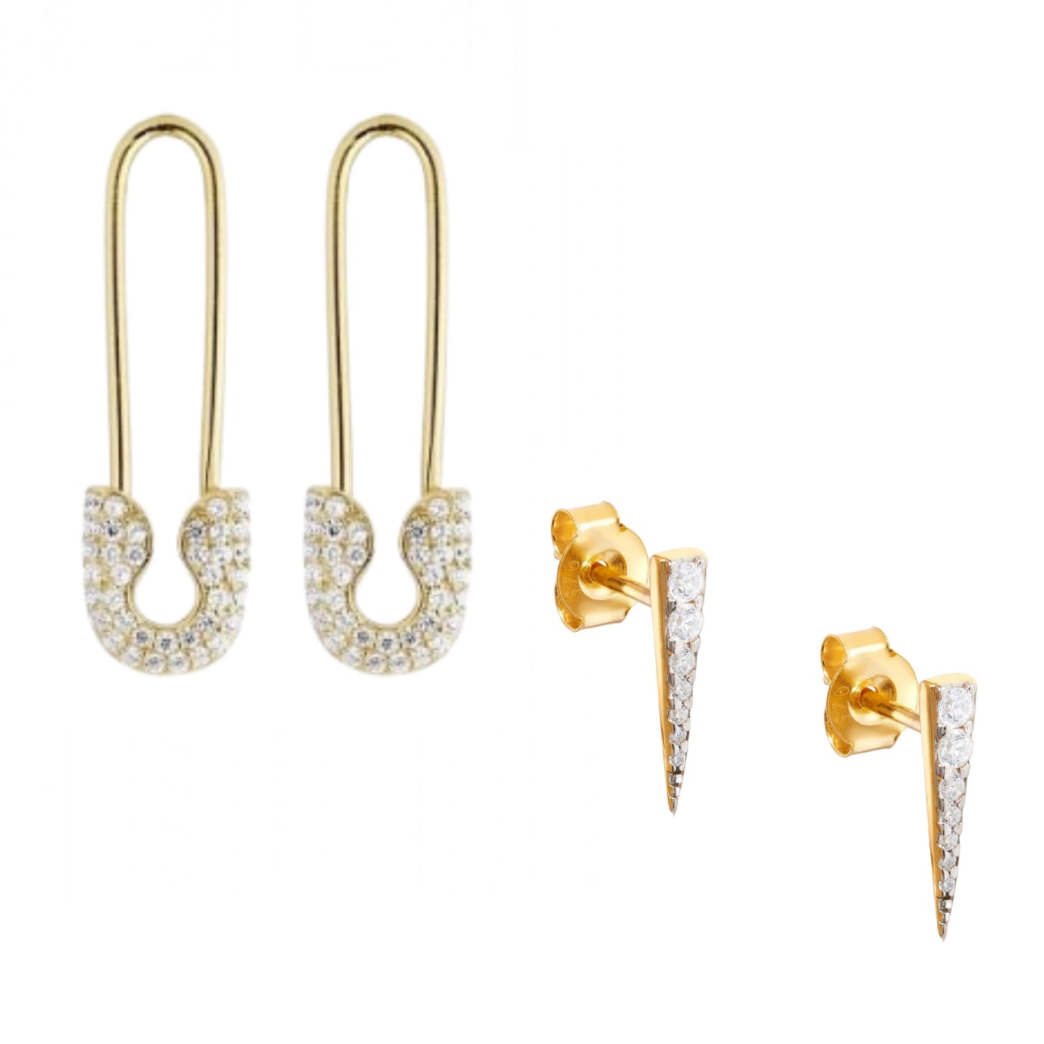 Long Pave Dagger Stud Safety Pin Earring Set Gold