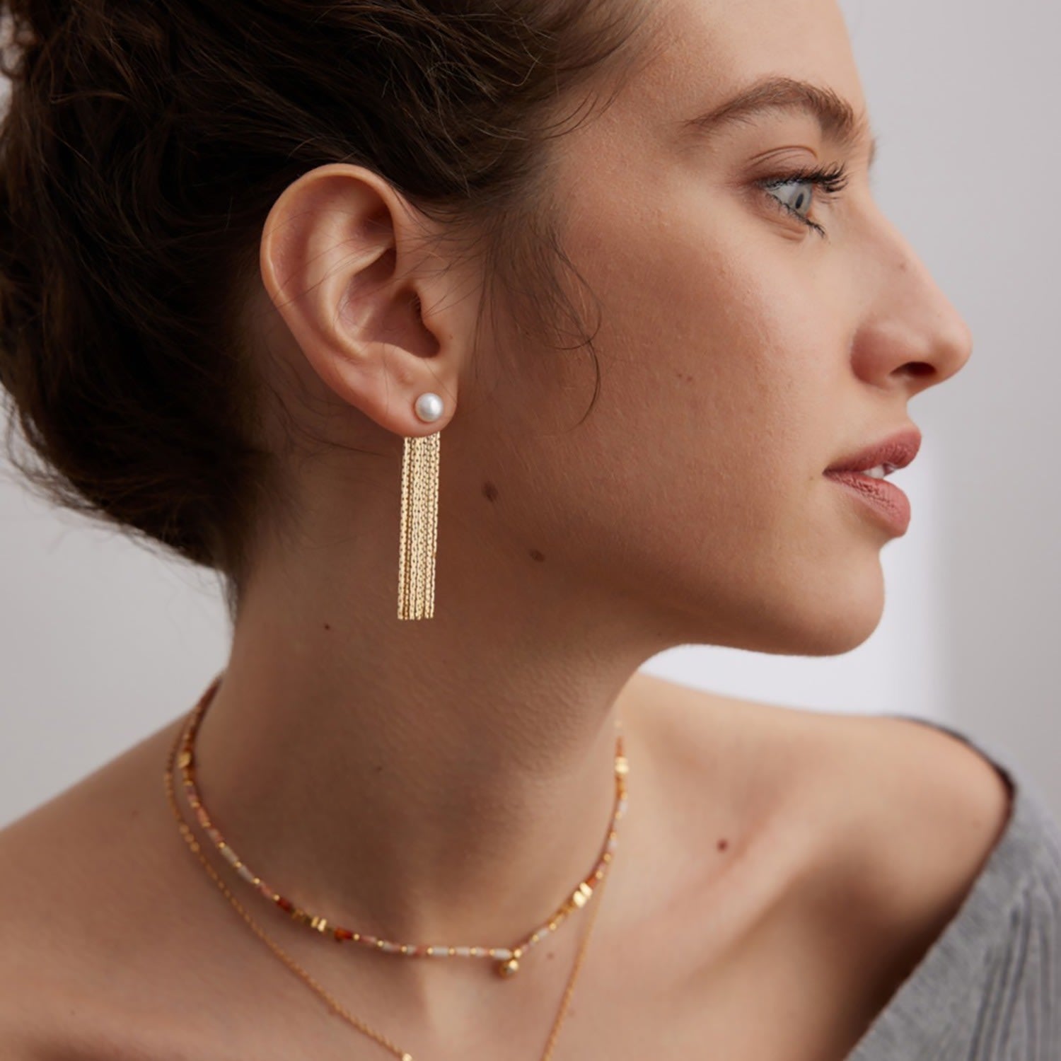 Long Tassel Gold Plated Sterling Silver With Pearl Earrings