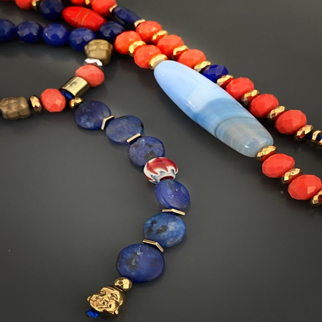 Lotus Flower Mandala Beaded Necklace - Blue