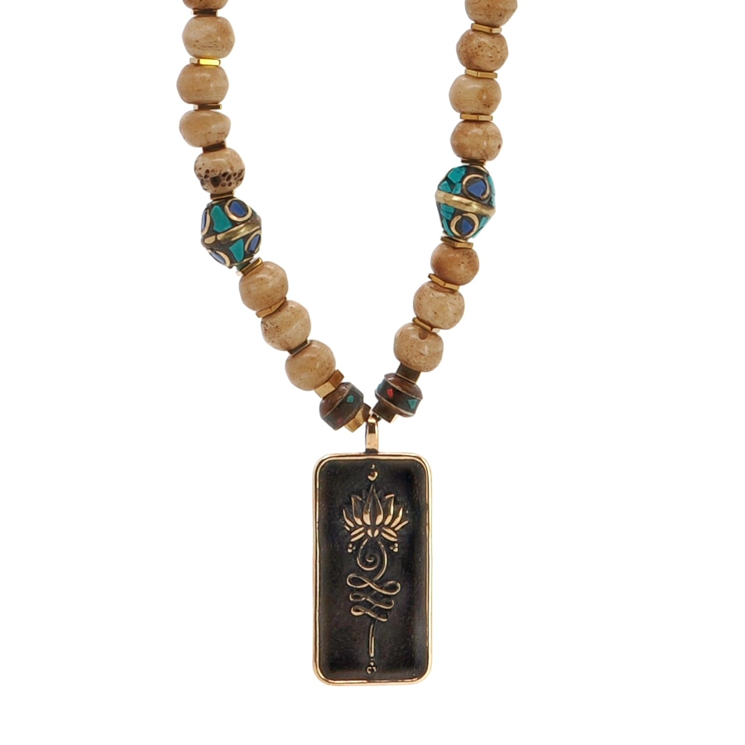 Lotus Flower Pendant Meditation Beaded Bohemian Necklace - Brown