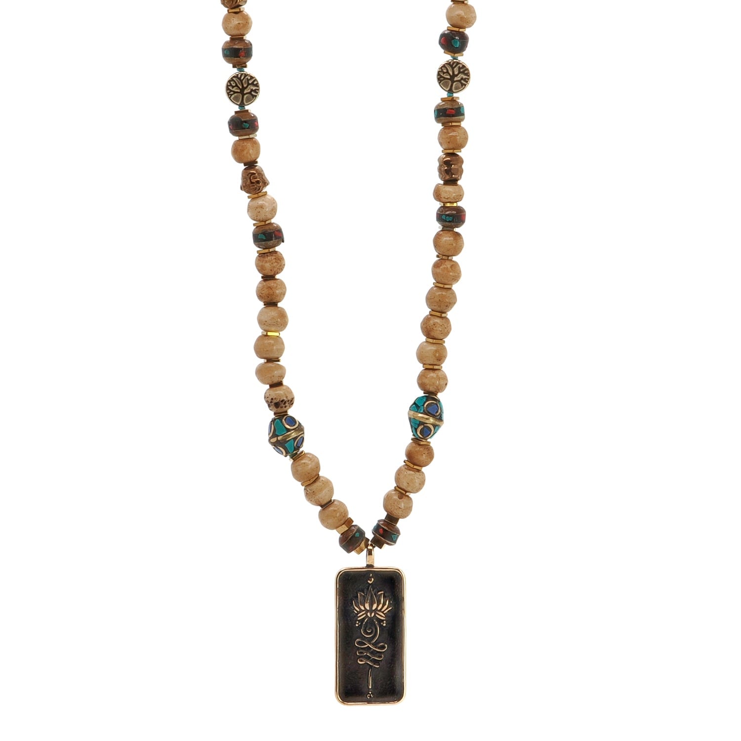 Lotus Flower Pendant Meditation Beaded Bohemian Necklace - Brown