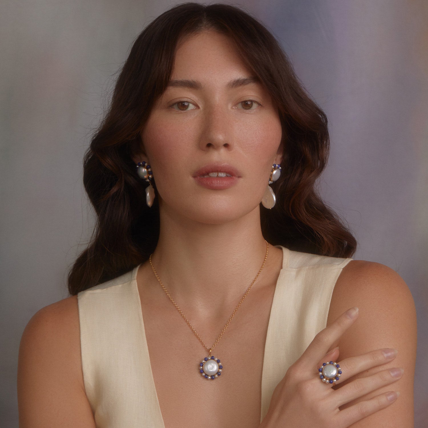 Lotus Gold-Plated Baroque Pearl And Lapis Necklace