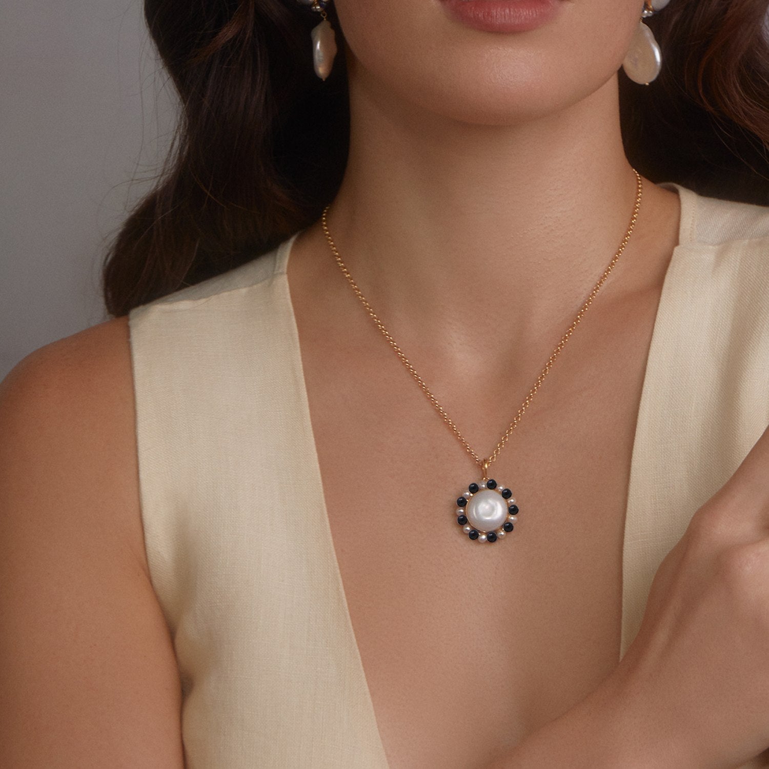 Lotus Gold-Plated Baroque Pearl And Onyx Necklace