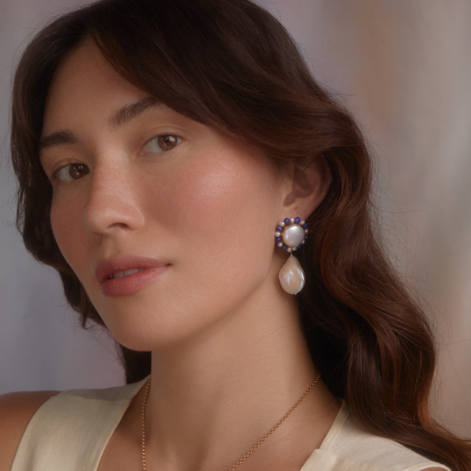 Lotus Gold-Plated Pearl And Lapis Earrings