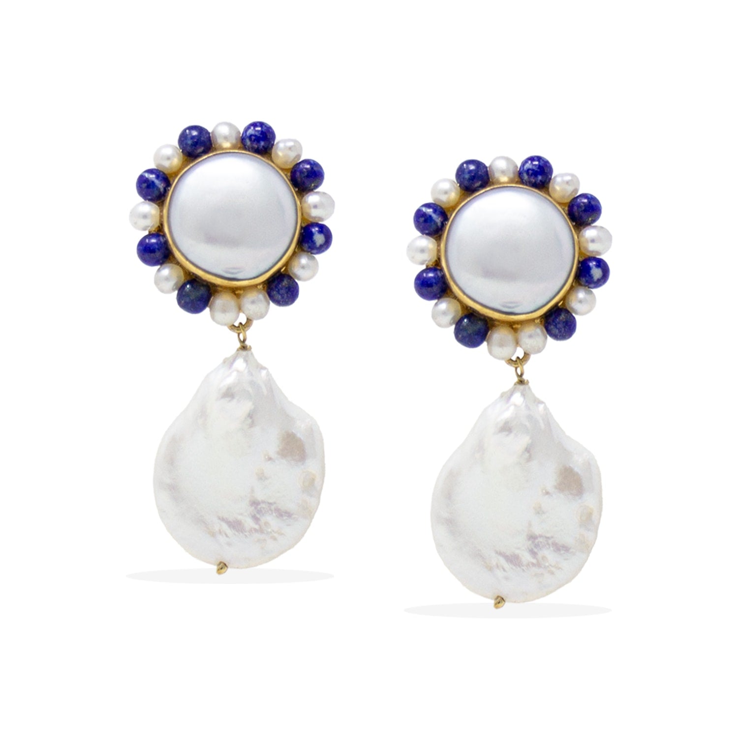 Lotus Gold-Plated Pearl And Lapis Earrings