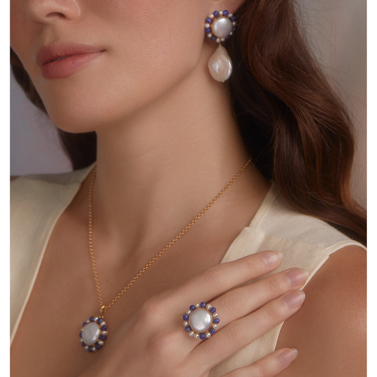 Lotus Gold-Plated Pearl And Lapis Ring