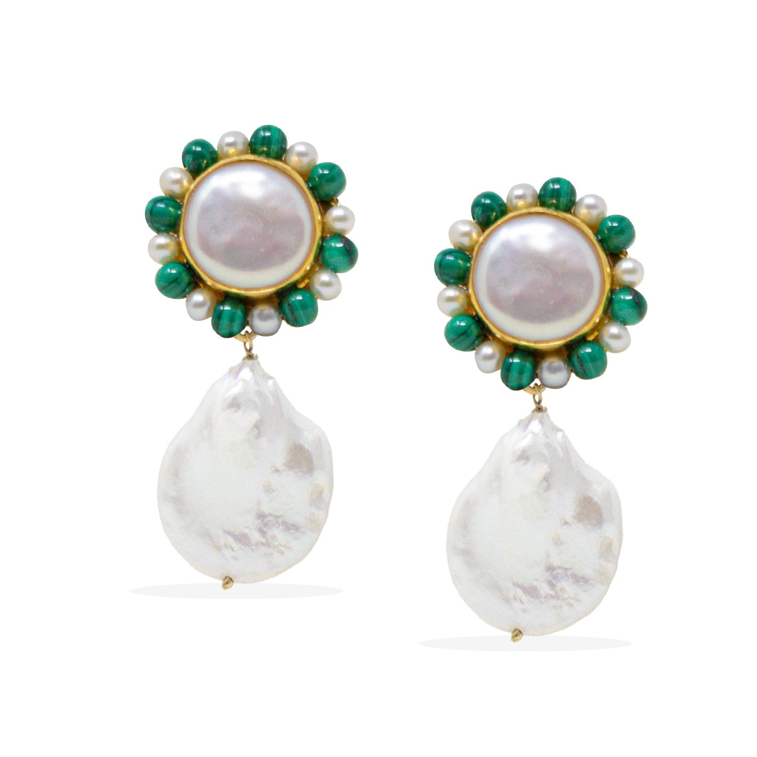 Lotus Gold-Plated Pearl And Malachite Earrings