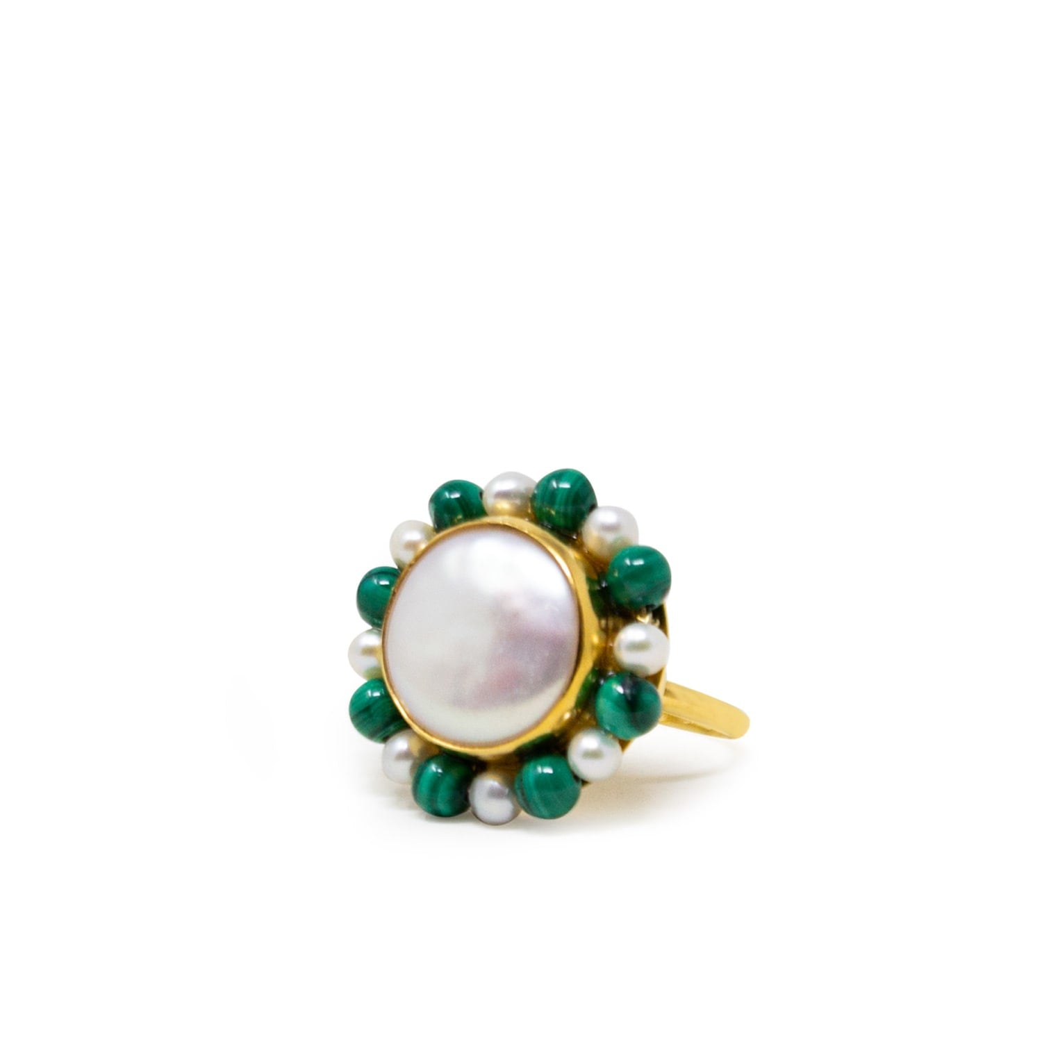 Lotus Gold-Plated Pearl And Malachite Ring