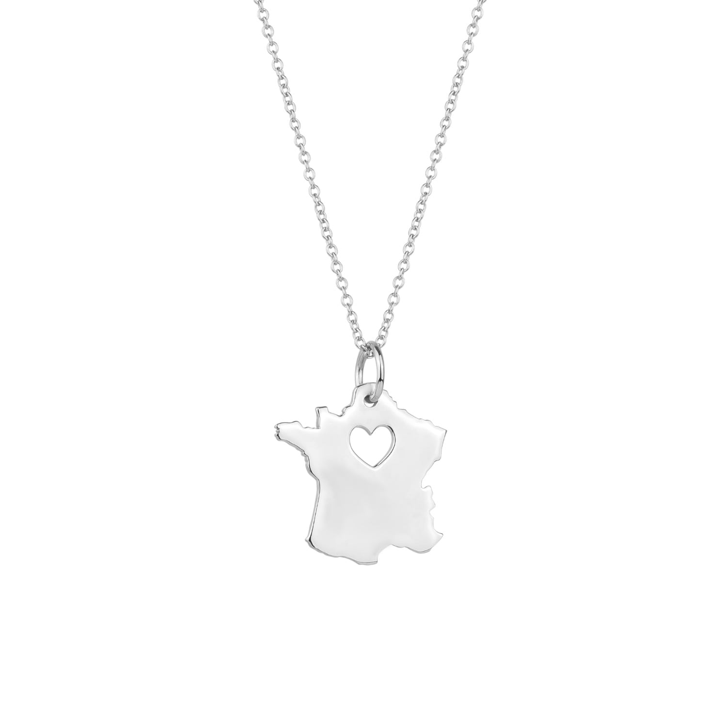 Love France Map Heart Necklace Sterling Silver - Silver