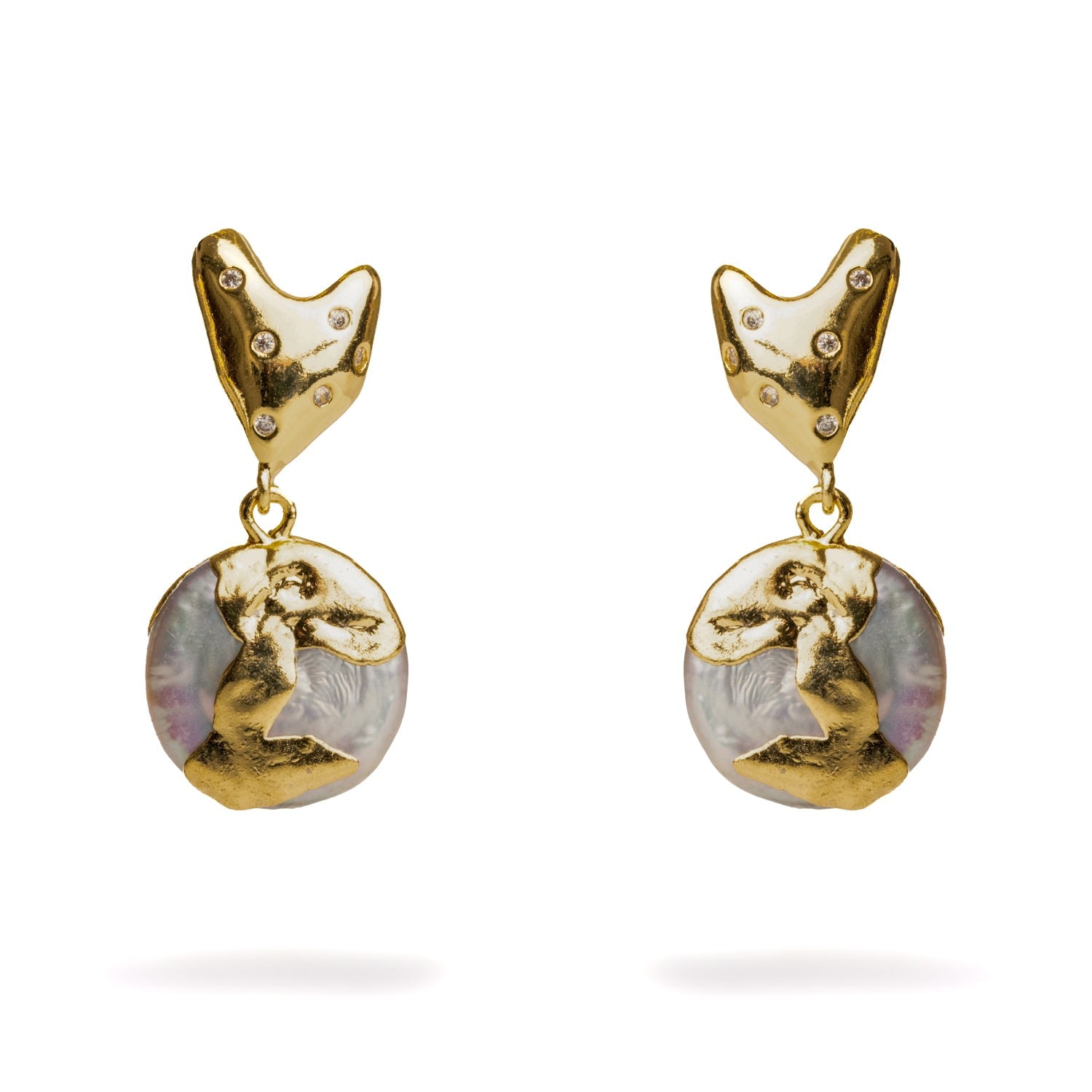Love Gold Melted & Diamond Heart Stud Pearl Drop Earrings - Gold