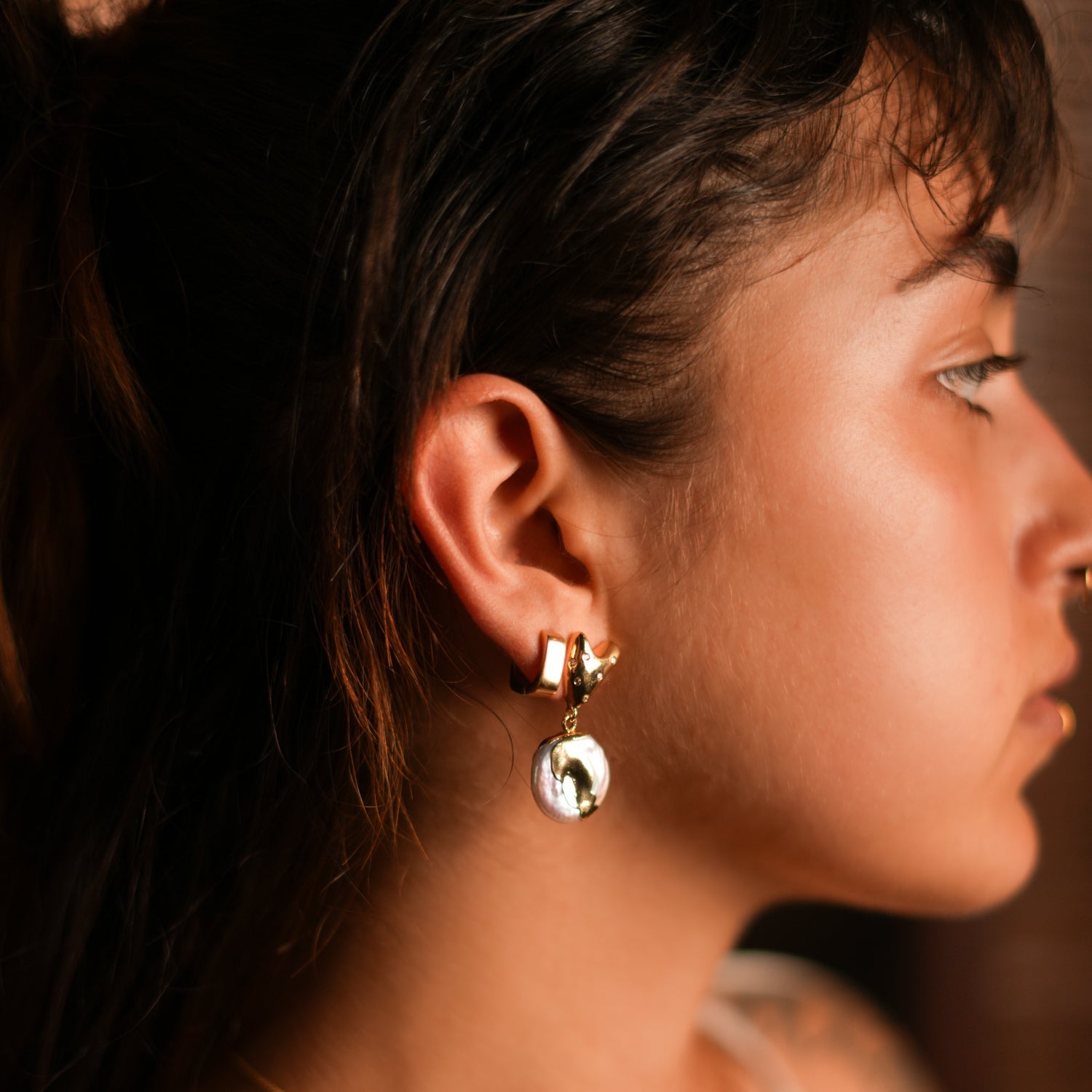 Love Gold Melted & Diamond Heart Stud Pearl Drop Earrings - Gold