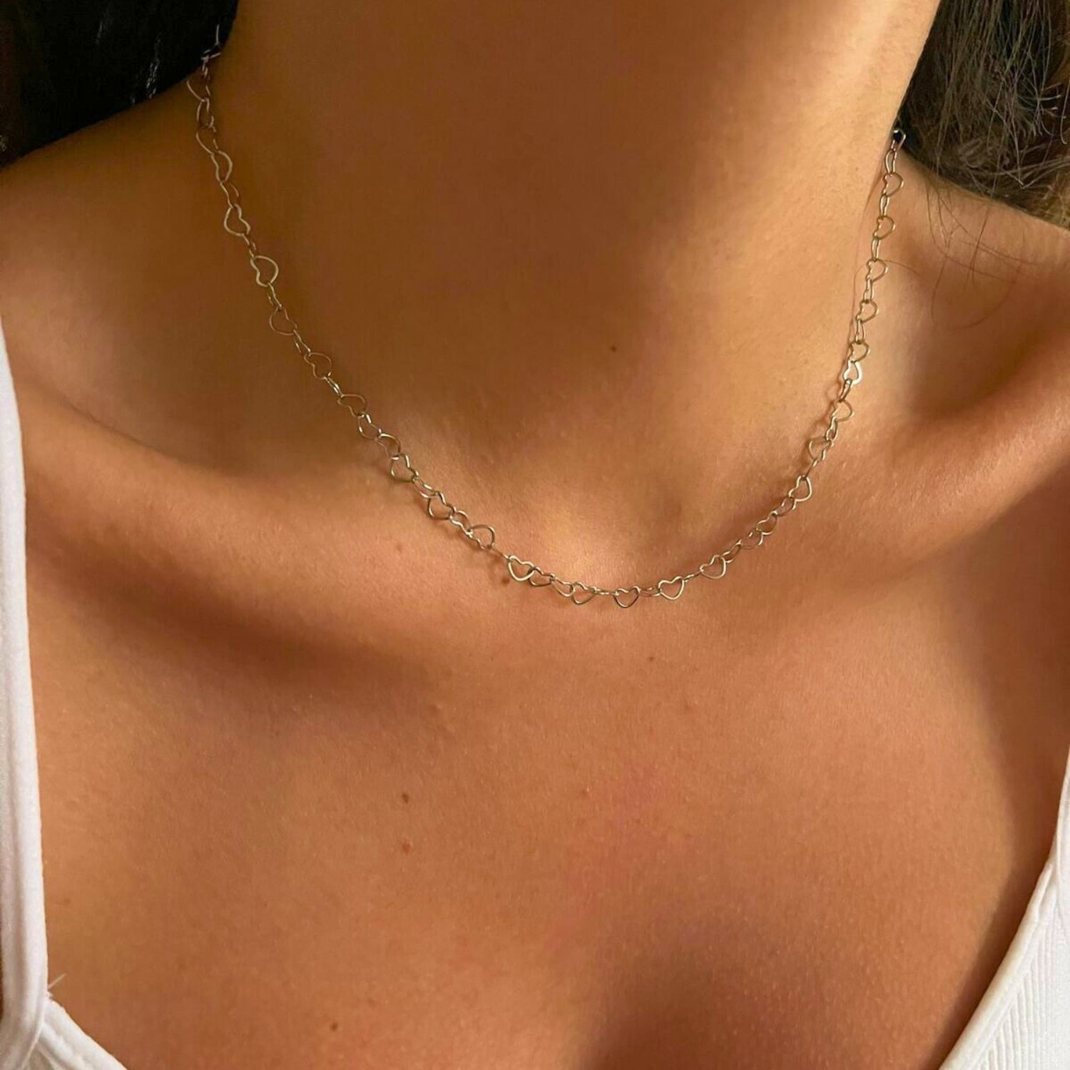 Love Heart Sterling Silver Chain Necklace - Silver