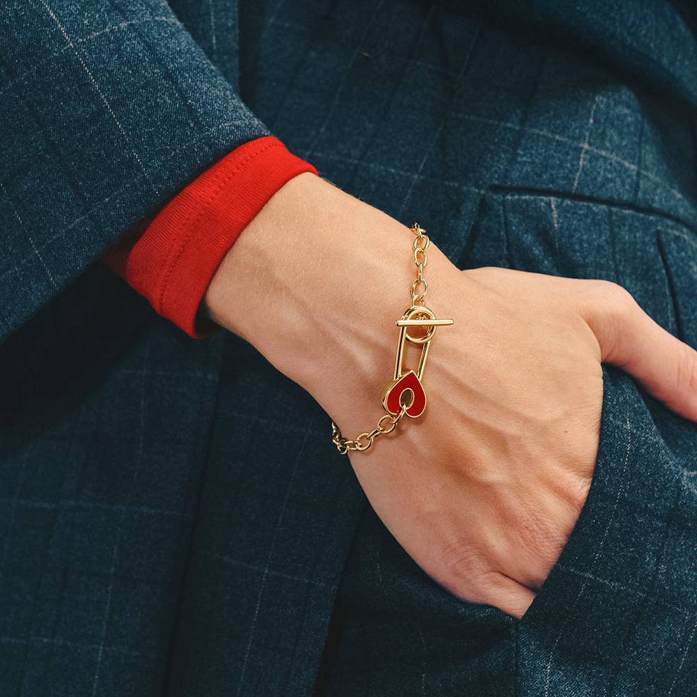 Love Locked Safety Pin Bracelet with Heart Charm in Gold Finish