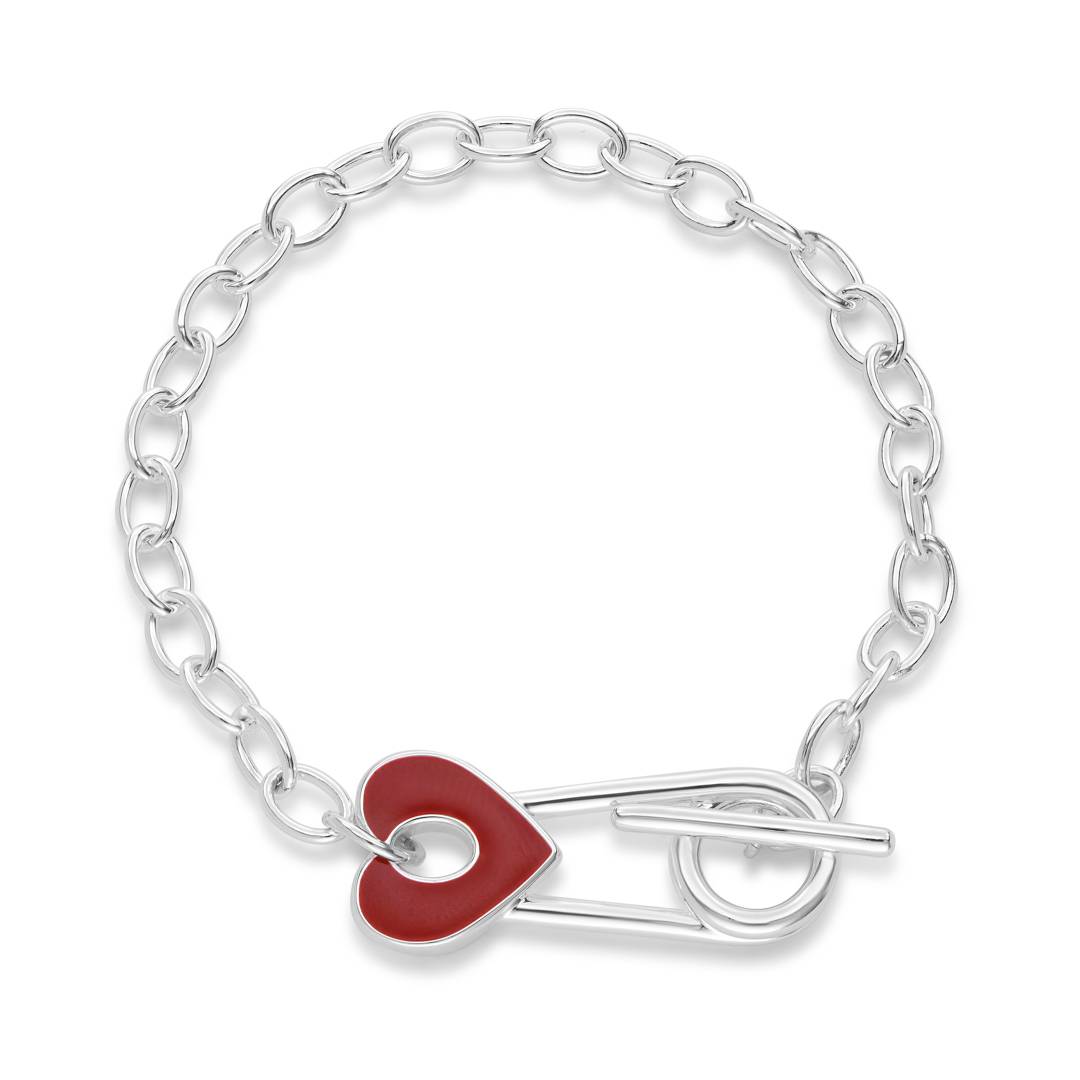 Love Locked Safety Pin Bracelet with Heart Charm in Silver Finish